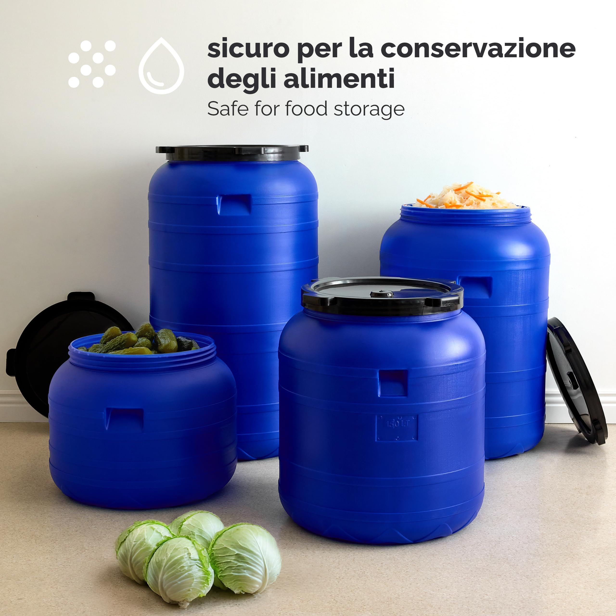 Garronda serbatoio acqua BPA-free da 200 litri, tanica acqua con coperchio, ideale per la conservazione di alimenti o come cisterna per il giardino GD-0093, Blu