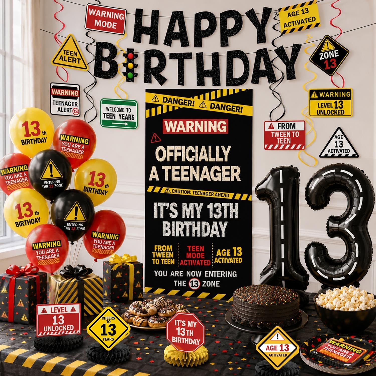 13th Birthday Decorations for Boys Girls, Warning Officially Teenager Party Supplies, Banner, Balloons, Backdrop, Hanging Swirls, Teen Birthday Decorations for 13 Year Old Boy Girl