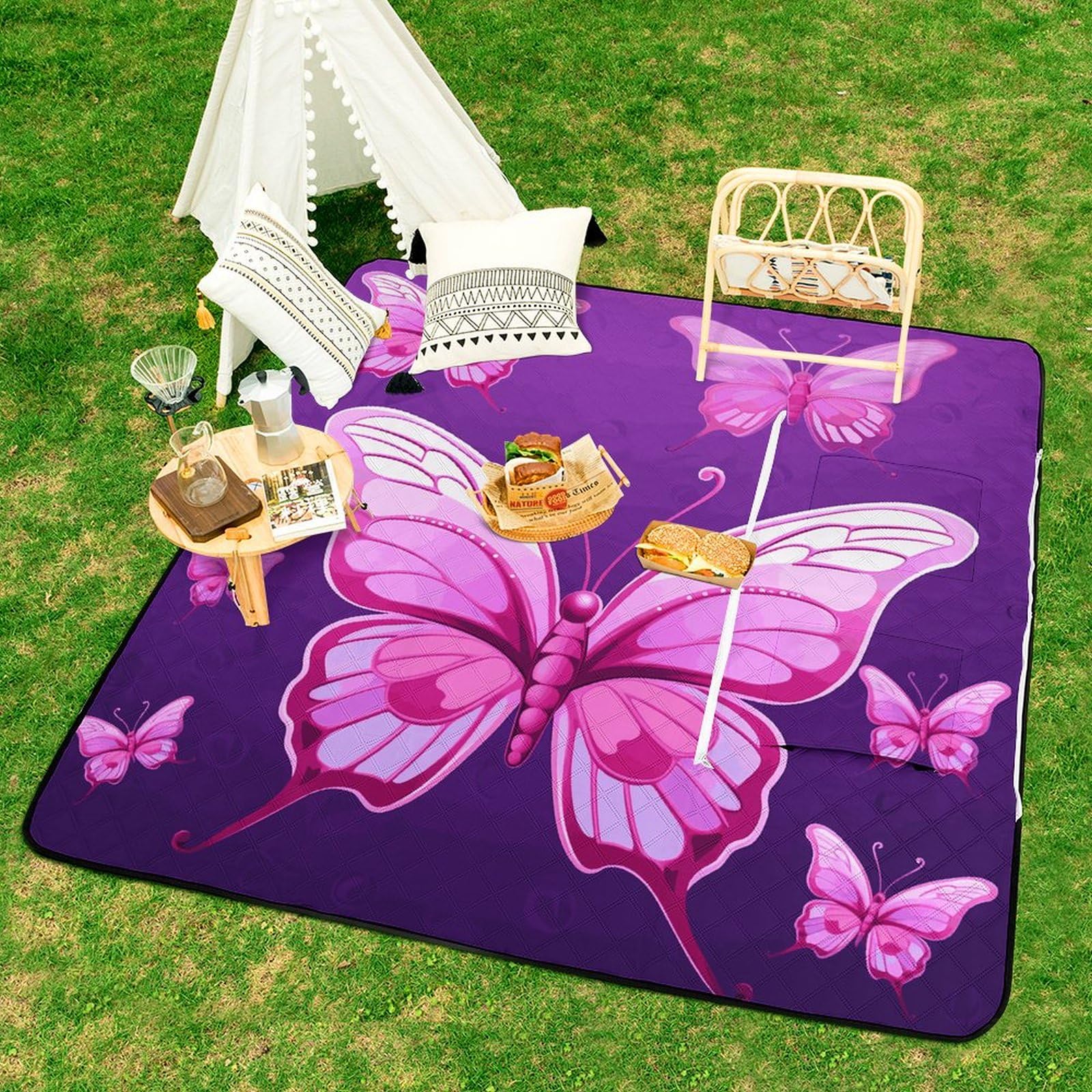 Manta de picnic y playa, manta de picnic portátil, grande, con estampado de mariposas, plegable, duradera, para playa, camping, césped, parque, accesorios
