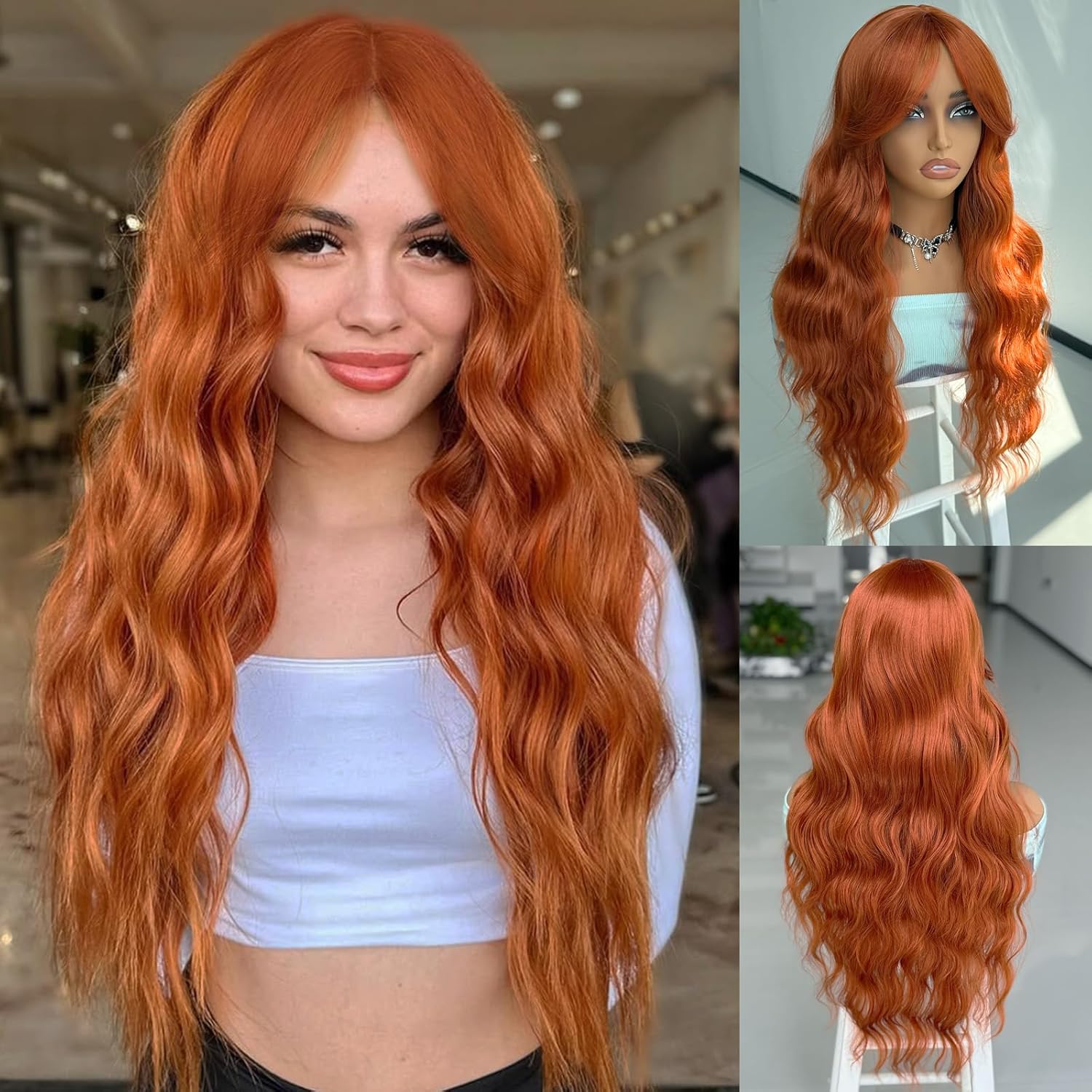 LEOSA Long Orange Wig with Curtain Bangs,26 Inch Ginger Wavy Layered Wigs for Women,Synthetic Heat Resistant Orange Wig For Daily Cosplay Party Use