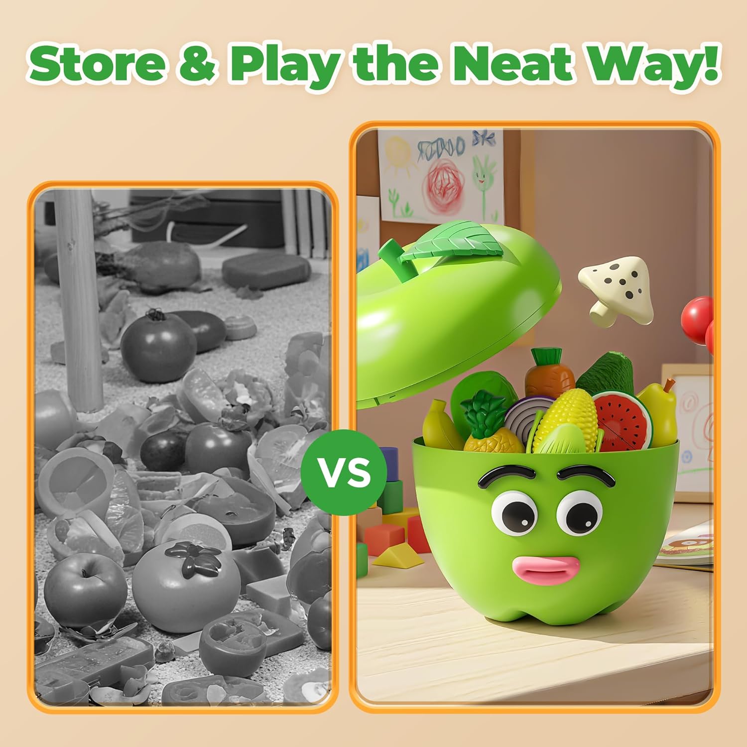 iPlay, iLearn Toddler Play Food Toy, Kids Cutting Fruit Vegetable Toy Food Set, Girl Pretend Play Kitchen Accessories W/ Storage Box, Emotional Learning Activities Birthday Gift 3 4 5 6 8 Year Old Boy