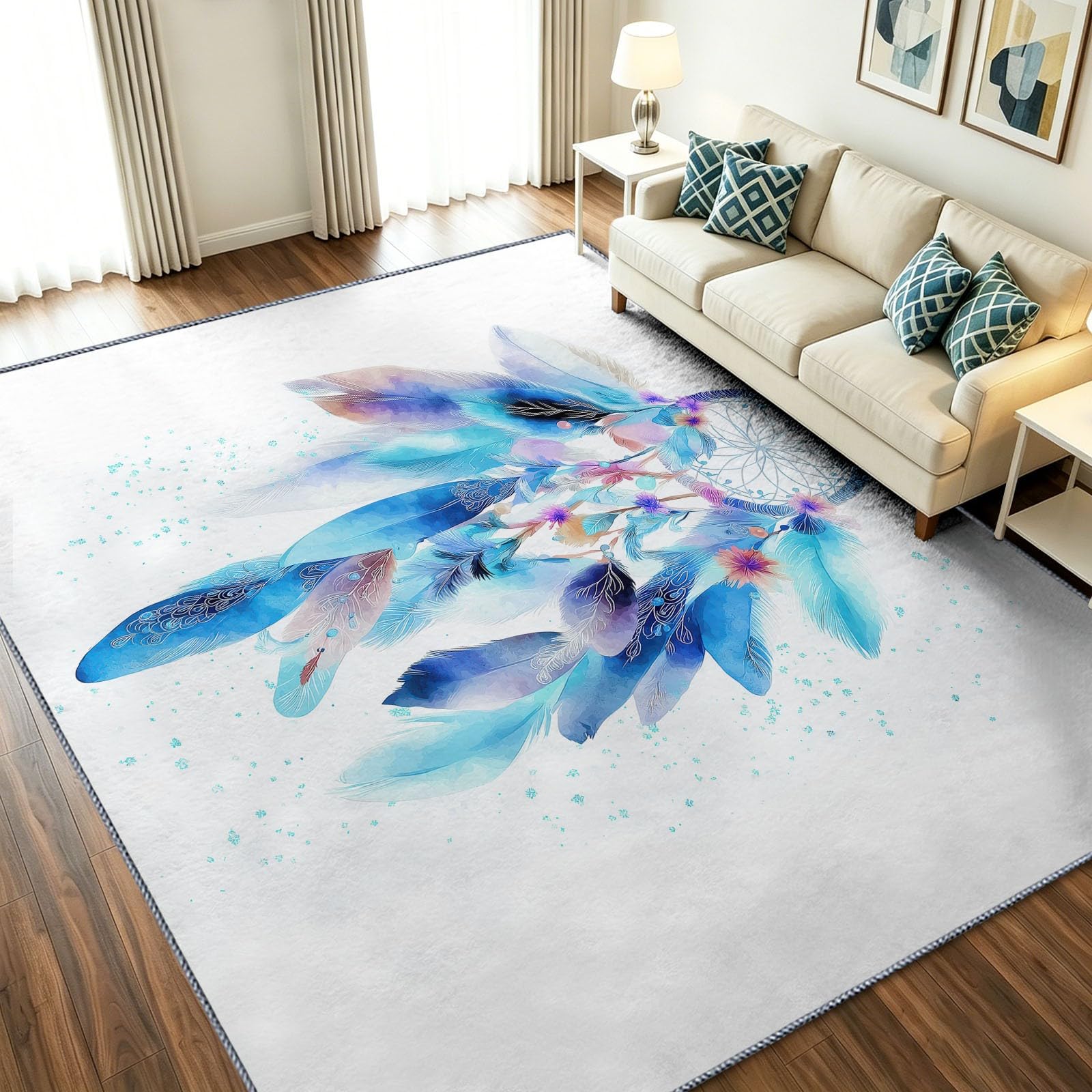 Generisch Teppich Wohnzimmer 120 x 170 cm Weiß Wohnzimmerteppich Waschbarer Boho Traumfänger Teppiche Bettvorleger Schlafzimmer Kurzflor rutschfest Groß Carpet Esszimmer BüRo