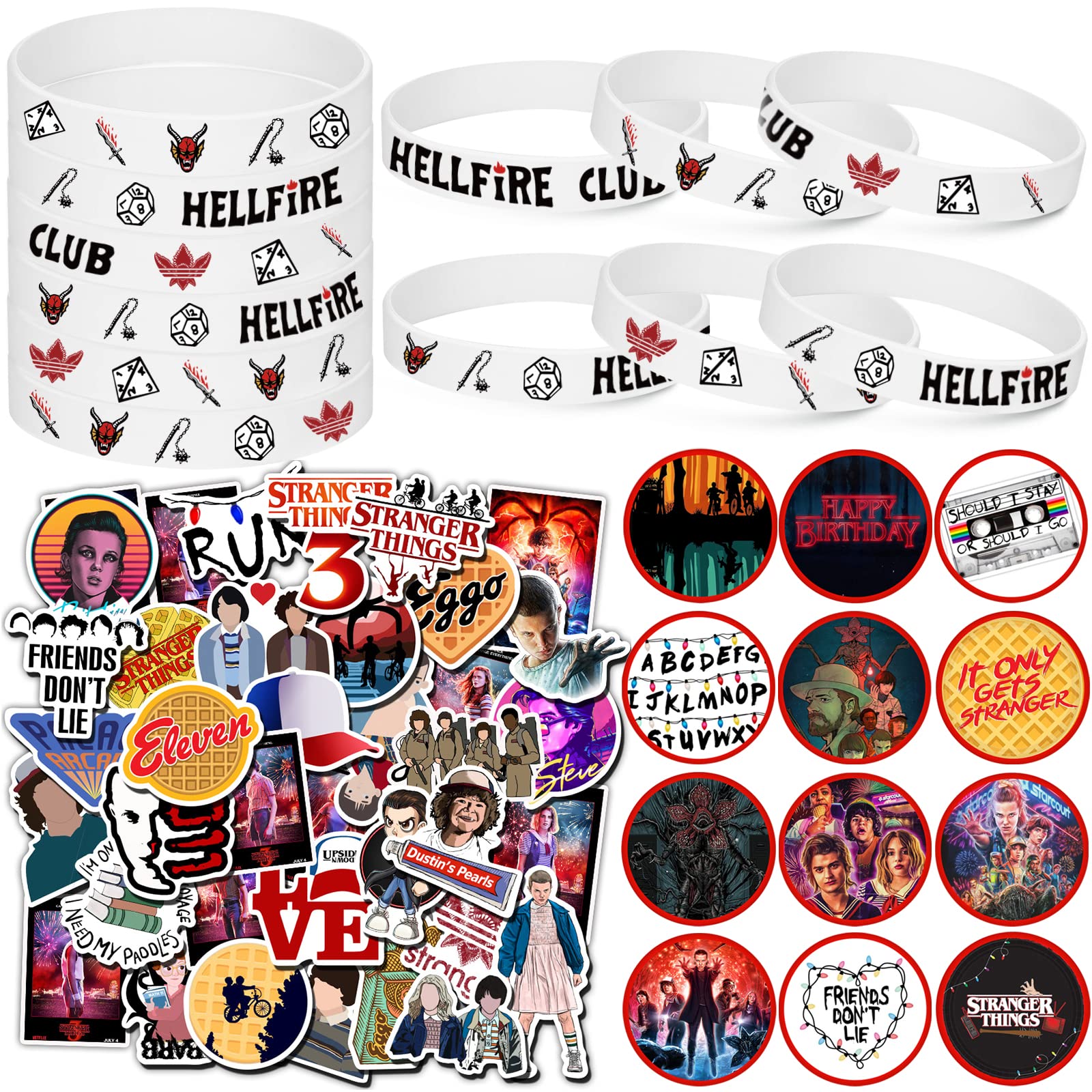 Stranger Things Party Supplies, 74 Pack Party Favors Set Include 12 Bracelets, 12 Button Pins, 50 Stickers for Hellfire Club Theme Party Gifts