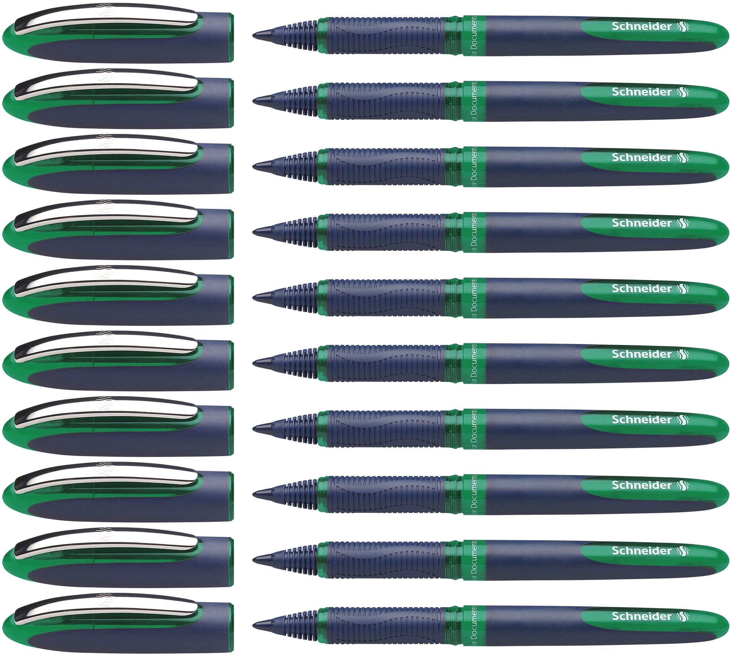 Schneider One Business Rollerball Pen, 0.6 mm Ultra-Smooth Tip, Blue Barrel, Green Ink, Box of 10 Pens (183004)