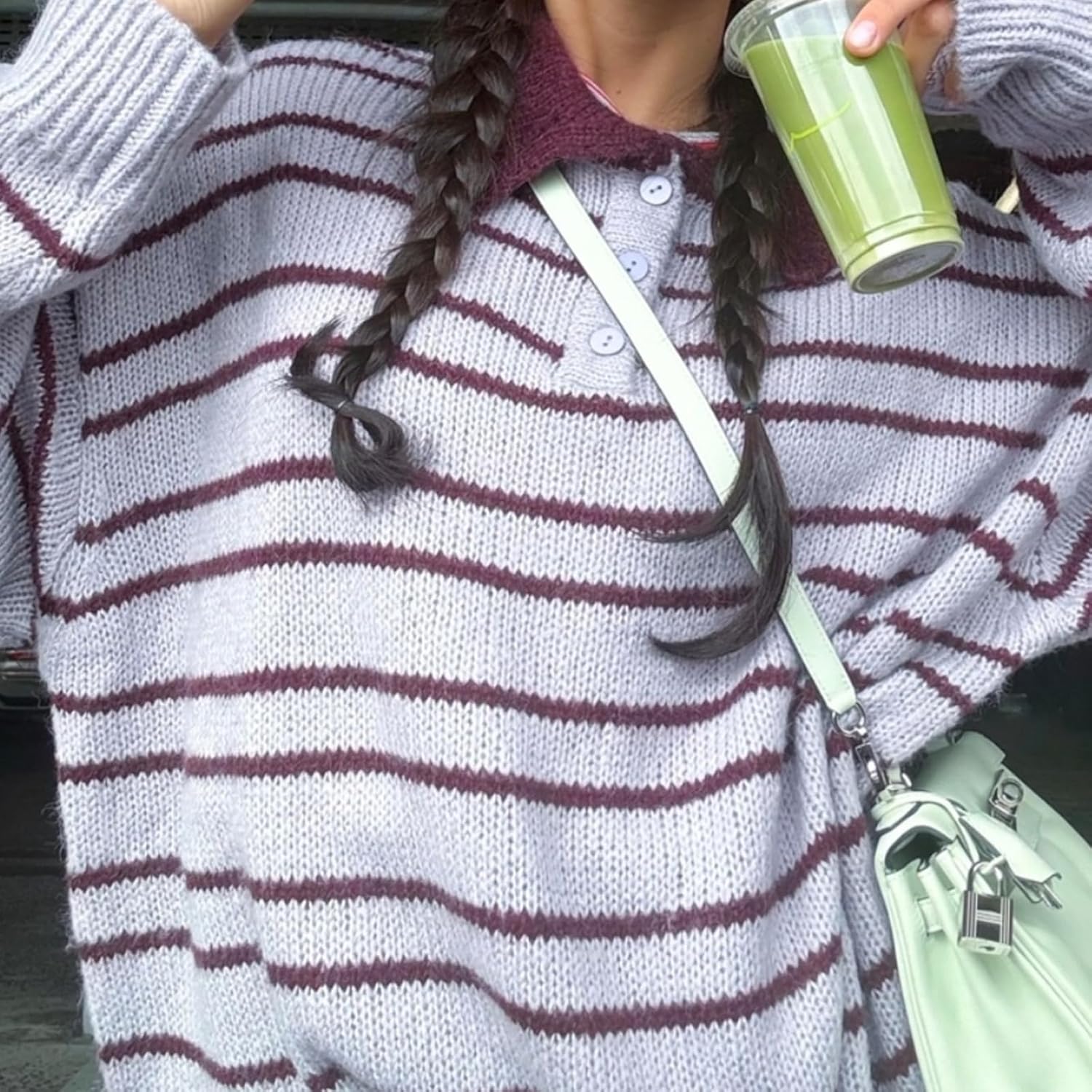 Women Striped Rugby Sweater Y2k Lapel Polo V Neck Long Sleeve Stripes Knit Pullover Tops Vintage Oversized Jumper - Image 2