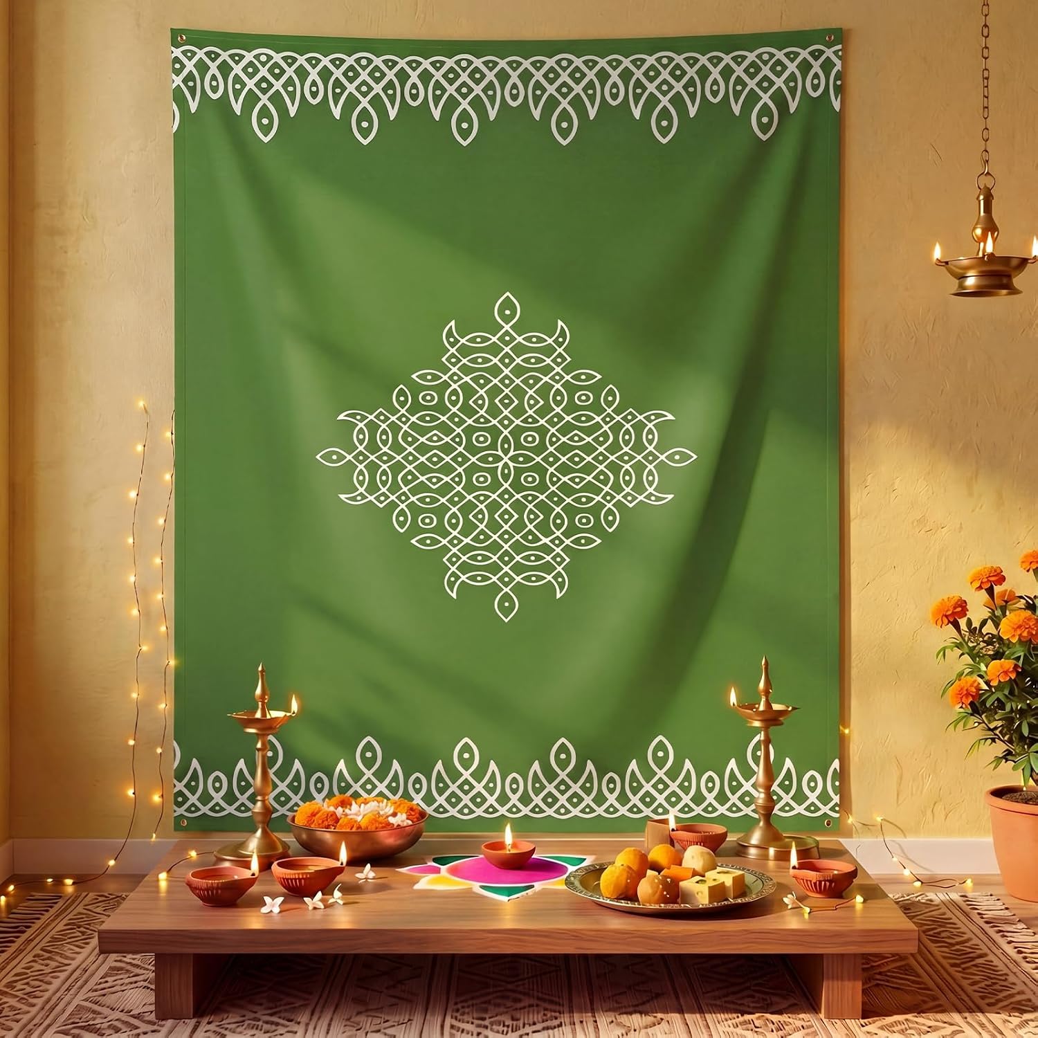 Eaasty Varalakshmi Pooja Backdrop Decor, Green, 62x46.5'', Kolam