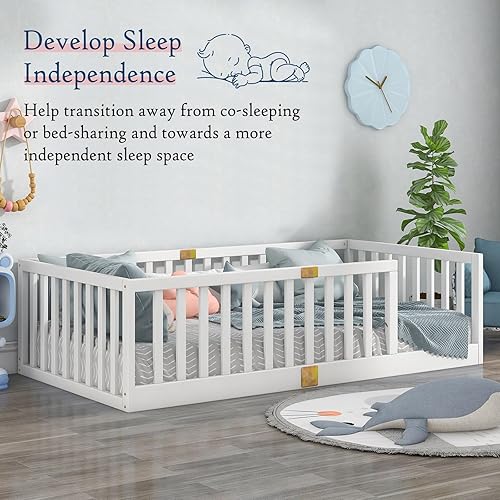 Miniatura 47 de Tatub Cama Montessori de suelo individual con rieles altos, marco de cama Montessori de madera maciza para niños, la entrada se puede instalar a