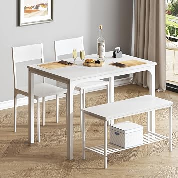 DlandHome Dining Table with 2 Chairs and 1 Bench Dining Room Sets for 4 Soho Dining Table and Chairs Set,Rectangular Space-Saving Dinner Table with Two Benches for Kitchen, White