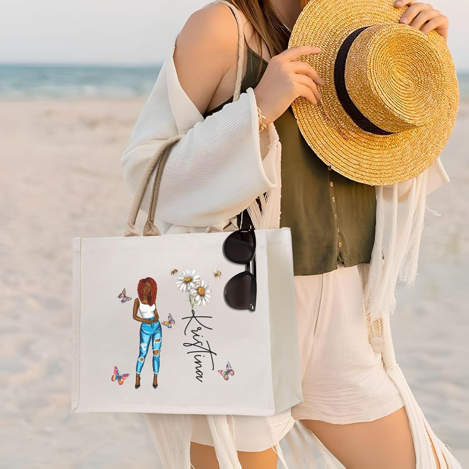 Custom Personalized Canvas Beach Bag with Cartoon Character & Birth Flower & Name for Women