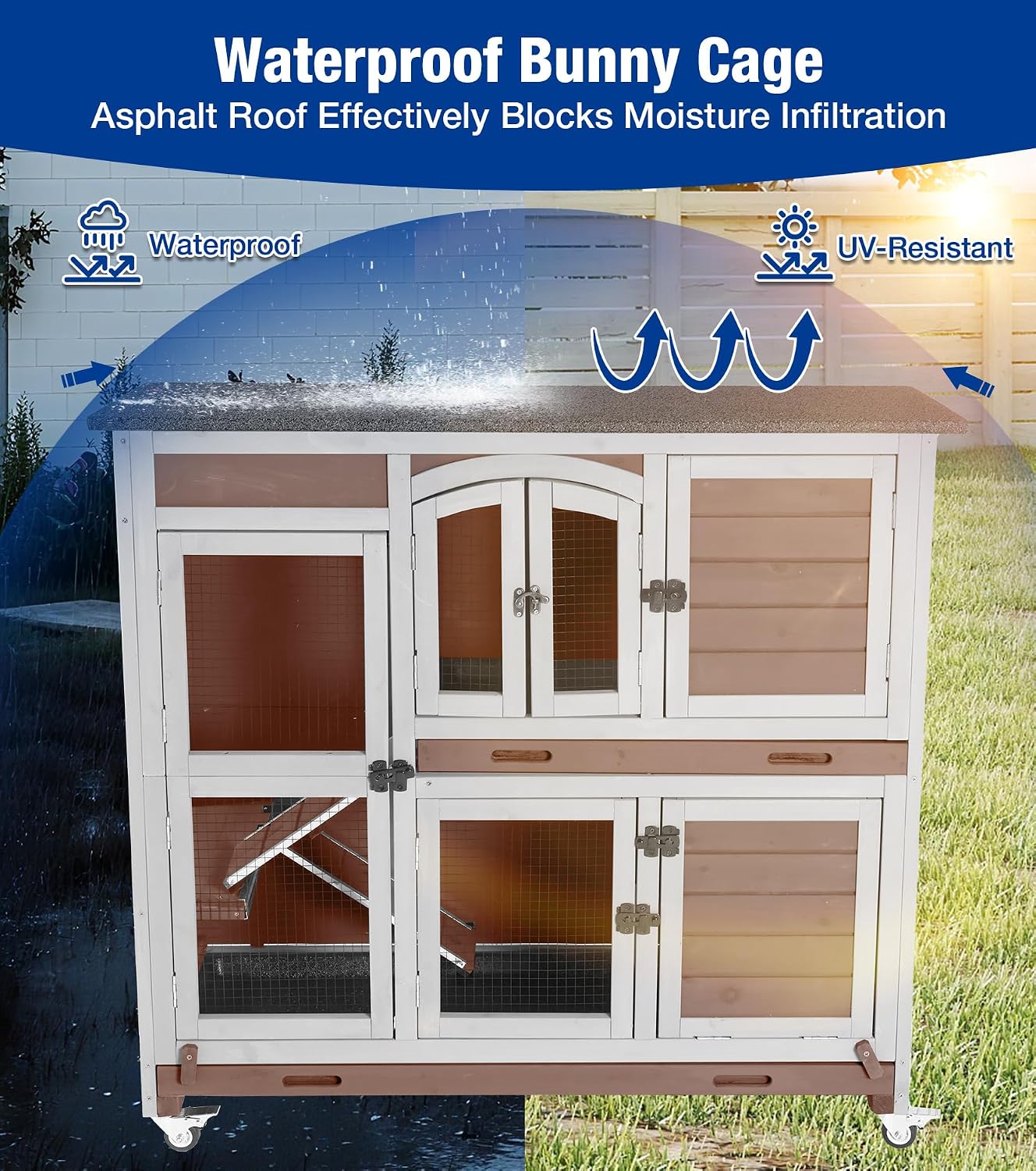 2-Story Rabbit Hutch with Wheels, Bunny Cage with Two Deepened Leak-Proof Trays, Indoor Outdoor Guinea Pig Cage with Waterproof Asphalt Roof - Brown