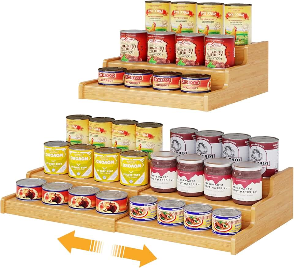 Expandable Bamboo Can Rack Organizer for Pantry, 3-Tier Adjustable Can Storage Holder, Soda Organizer Holds Up to 24 Cans, Canned 