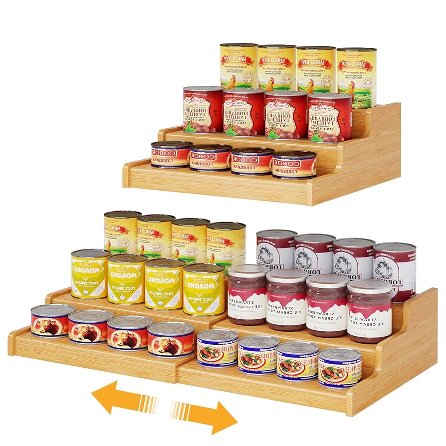 Expandable Bamboo Can Rack Organizer for Pantry, 3-Tier Adjustable Can Storage Holder, Soda Organizer Holds Up to 24 Cans, Canned goods Storage Display for Pantry, Cabinet, Countertop (patent pending)
