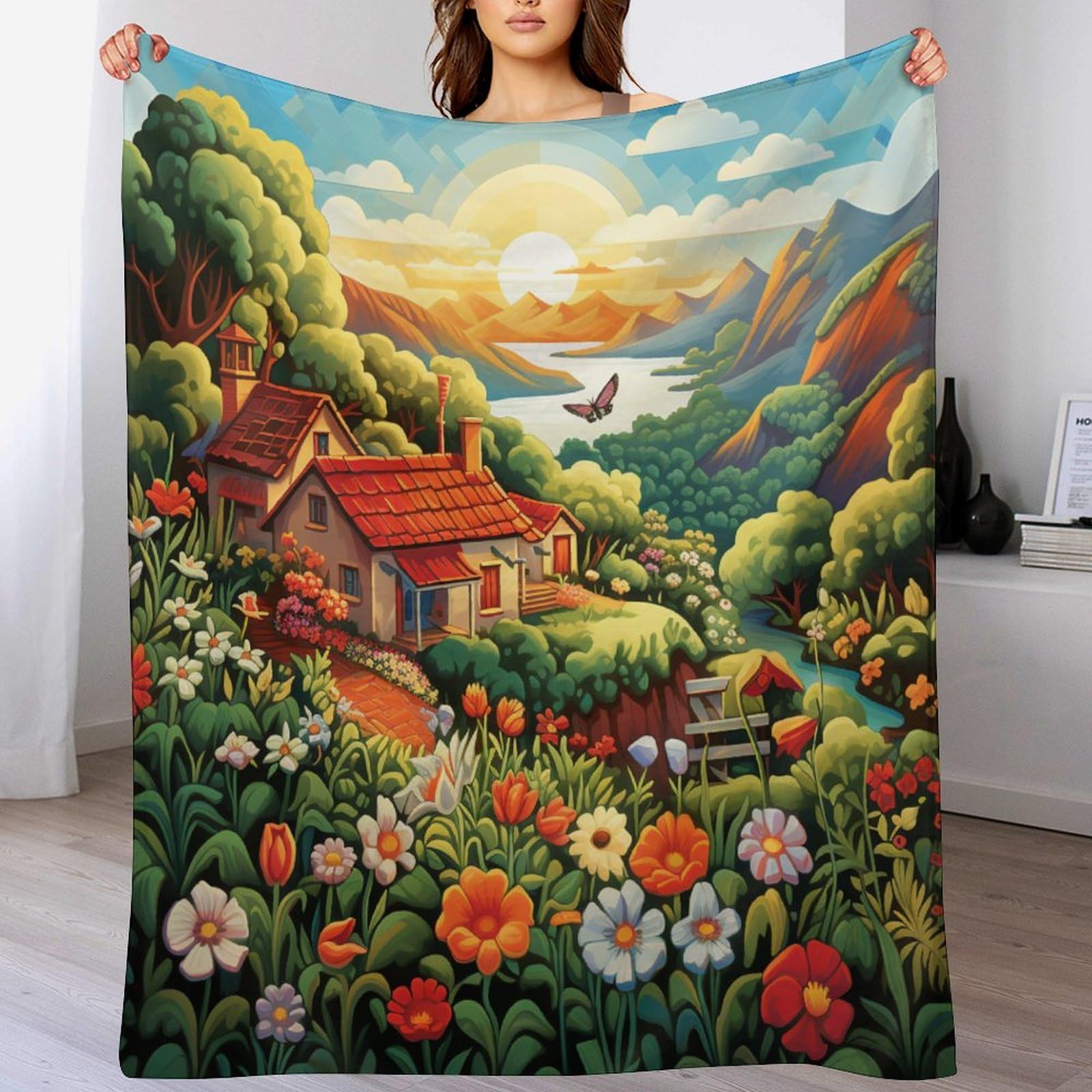 Couverture flannel chalet de montagne douce pour canapé et lit 100x130 cm