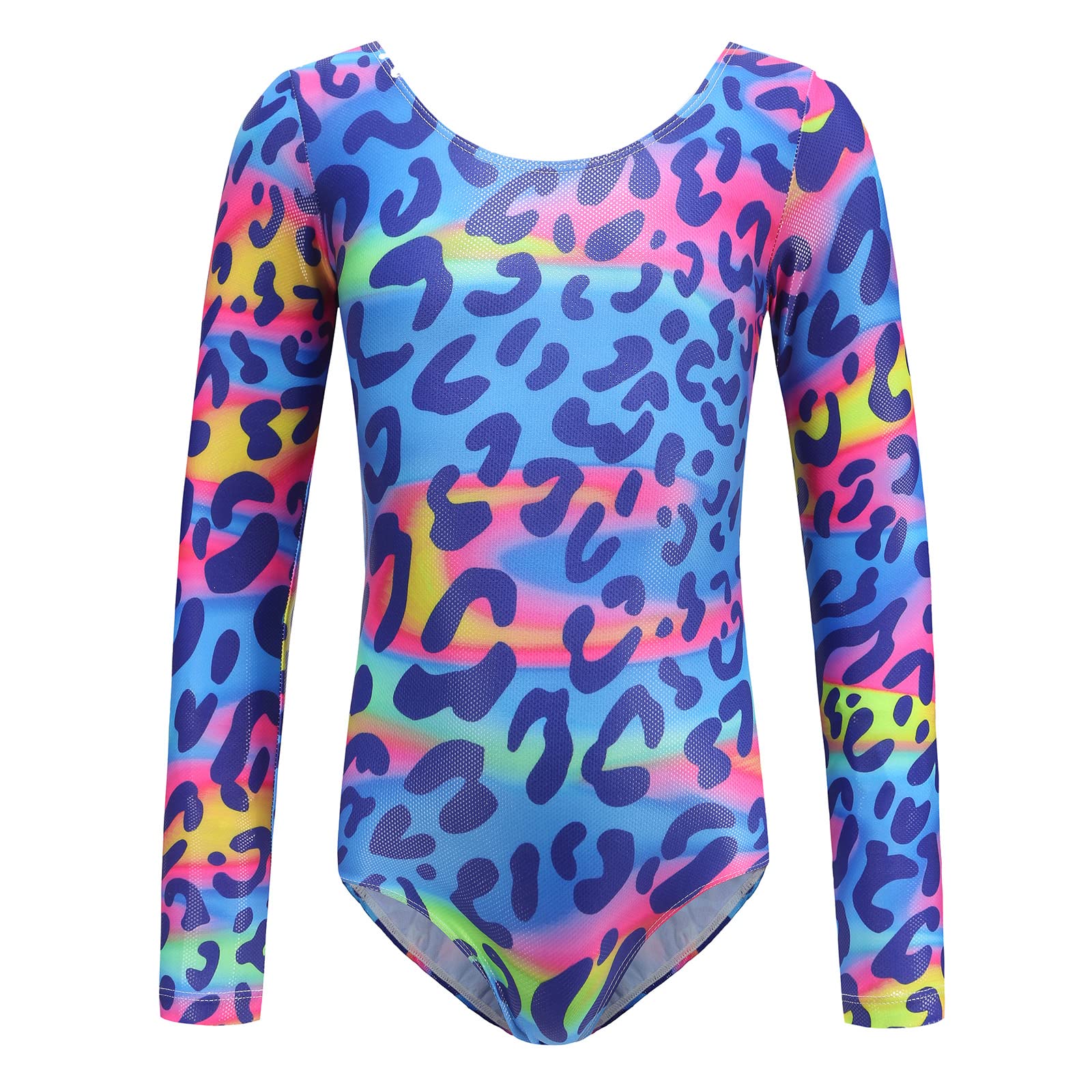 AFAVOM Leotard for Girls Gymnastics Ballet Dance Leotard Long Sleeve Gymnastics Leotards Rainbow Leopard Shiny Sparkle Athletic Unitards Toddler Ballerina Dancewear Costume Colorful Leopard 8-9 Years