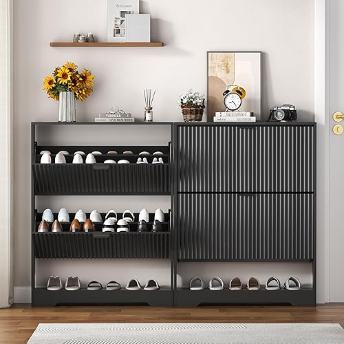 Miniatura 3 de Armario de zapatos para entrada con 2 cajones abatibles, armario de zapatos acanalado negro con almacenamiento abierto, zapatero oculto de madera