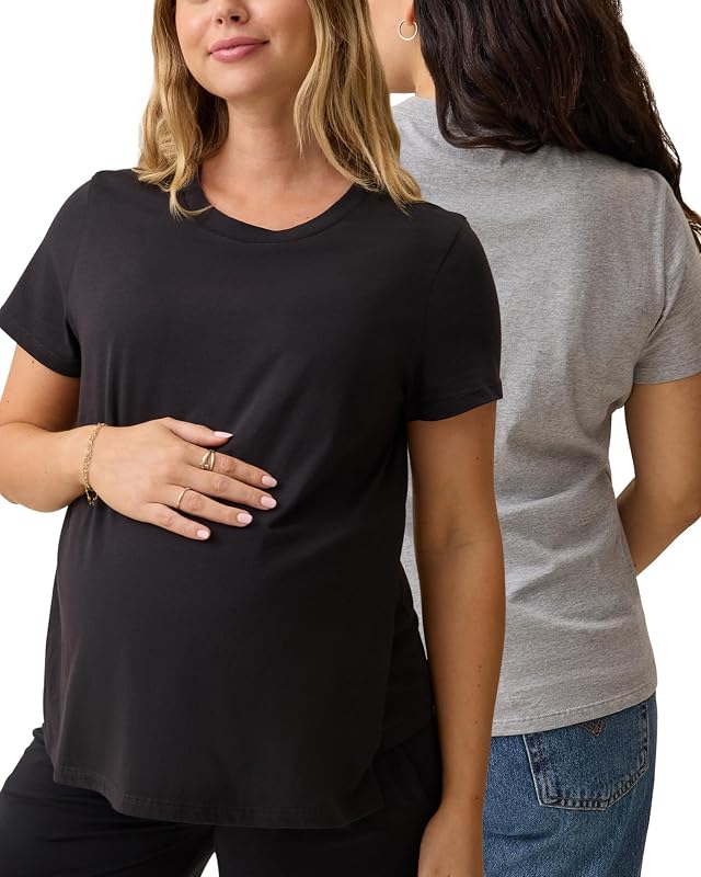 Kindred Bravely Essentials Cotton Nursing T Shirt for Breastfeeding, 2 Pack | Soft breathable maternity tee with hidden side openings for breastfeeding. Relaxed comfortable everyday fit for all day wear