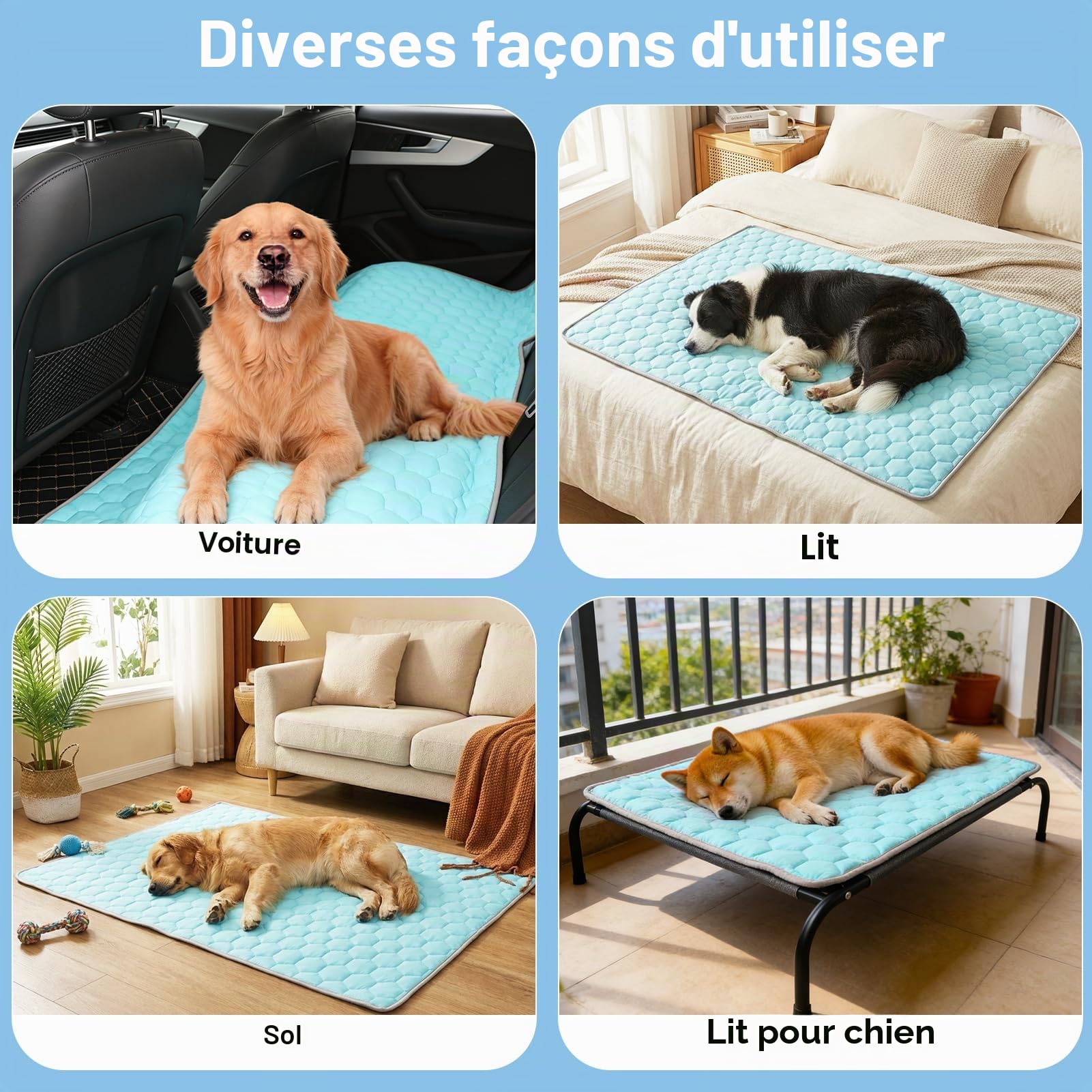 Vivifying Tapis rafraîchissant Chien 152 x 101 cm, Couverture Chien imperméable réversible en Soie glacée & Velours, Auto-refroidissant, Lavable, été/Hiver, canapé, lit, Cage, Sol, Auto (Bleu/Gris)