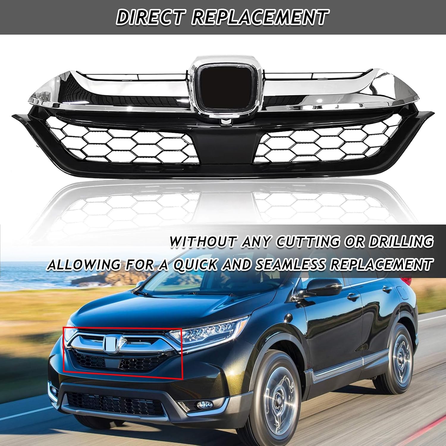 Bewild Front Bumper Upper Grille Fit For 2017 2018 2019 Honda CRV CR-V Honeycomb Chrome Mesh Grill Assembly Replacement for HO1210147C, HO1216114