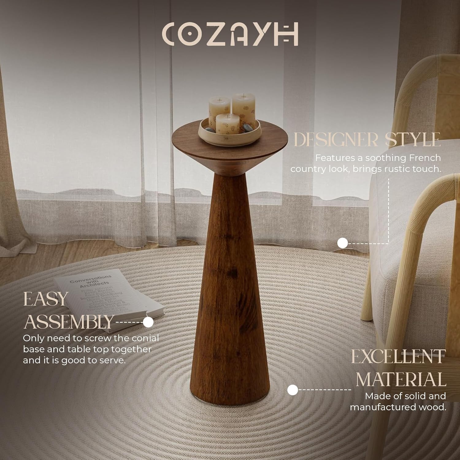 COZAYH 22.8” Tall Round Martini End Table, Walnut – Solid Pine Wood Pedestal Accent Drink Stand with Tapered Base – Farmhouse Modern Furniture for Living Room, Bedroom & Small Spaces