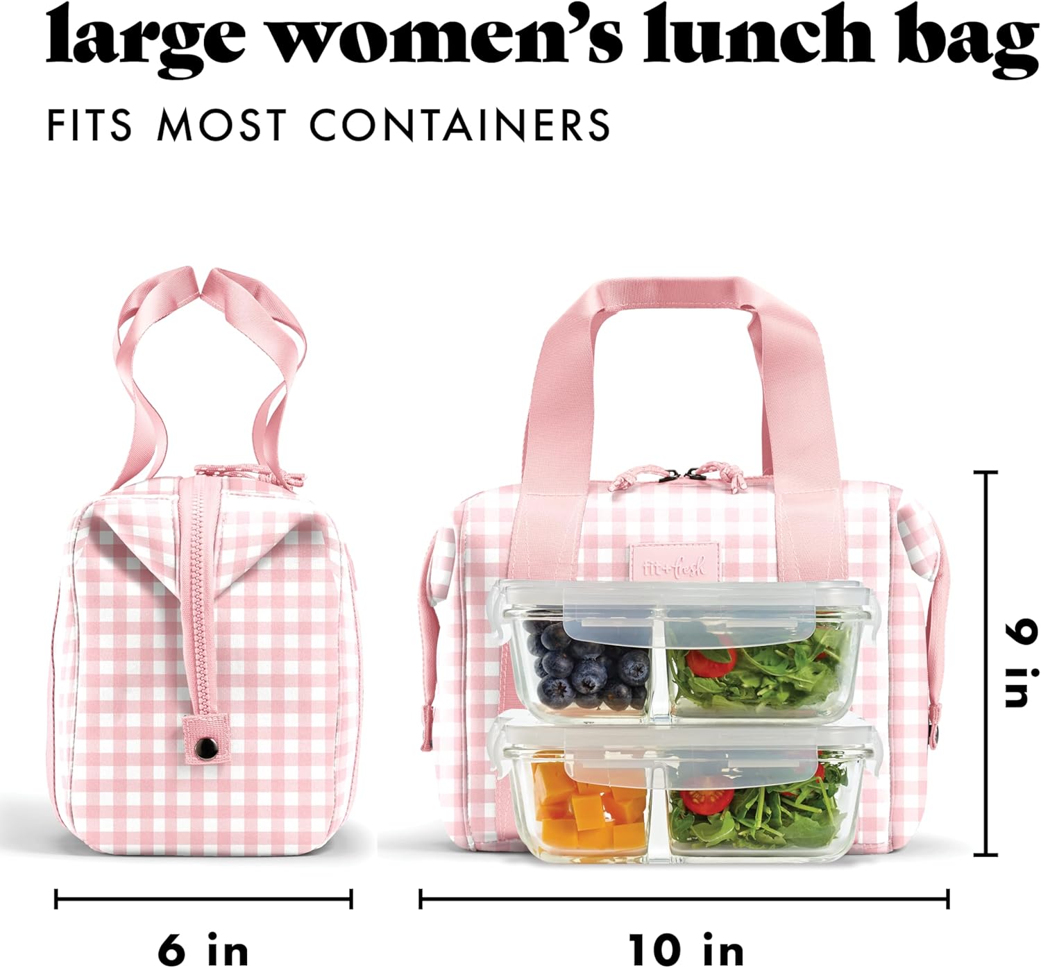 Fit & Fresh Remi Neoprene Lunch Bag For Women - Meal Prep Kit with Containers & XL Ice Pack, Self Insulating Neoprene-like Material, Machine Washable Lunch Bag, Tear & Stain-Resistant, Pink Gingham - Image 3