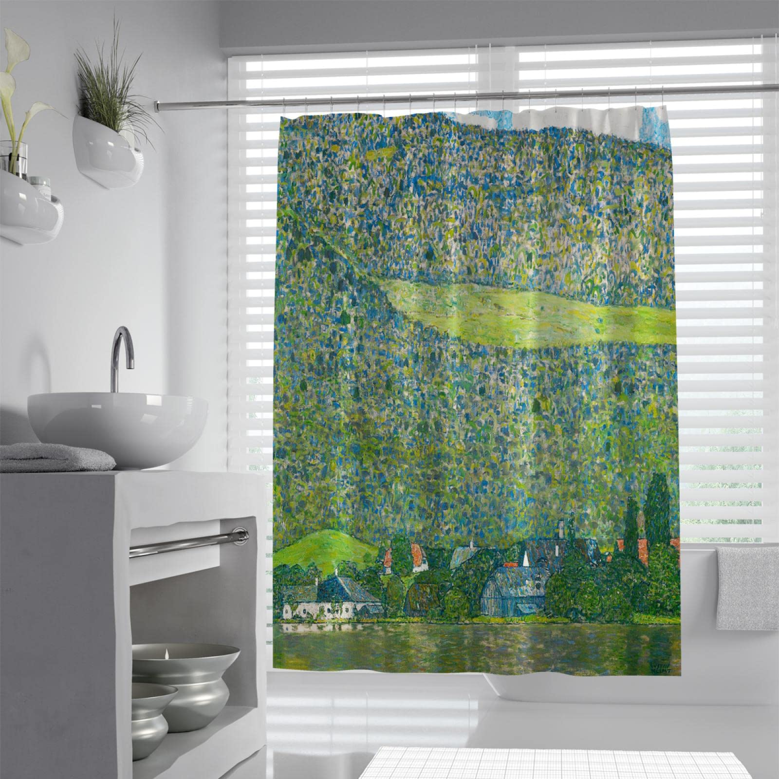 Impresión Cortinas de Ducha de Paisaje Verde Gustav Klimt Cortina de baño Cortina de baño separada húmeda y Seca Cortinas de baño de baño Easy Care W150xL200cm