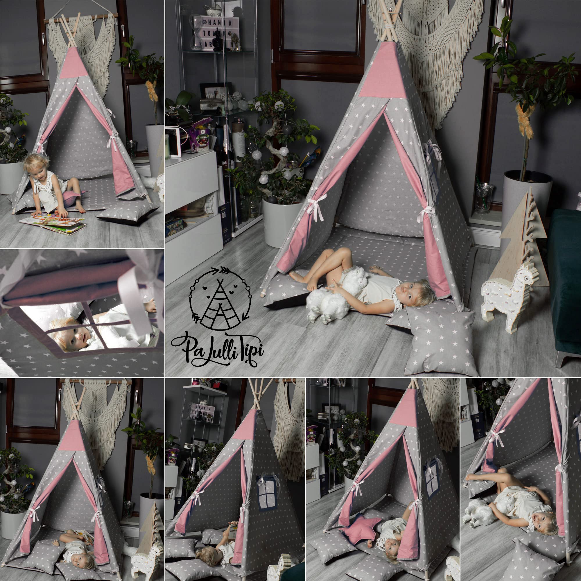 PaLulli Tipi Spielzelt für Kinder mit Matte & Anti-Kollaps-System & 3 Dekokissen Baumwolle- Segeltuch Kinderzelt (Stars Pink)
