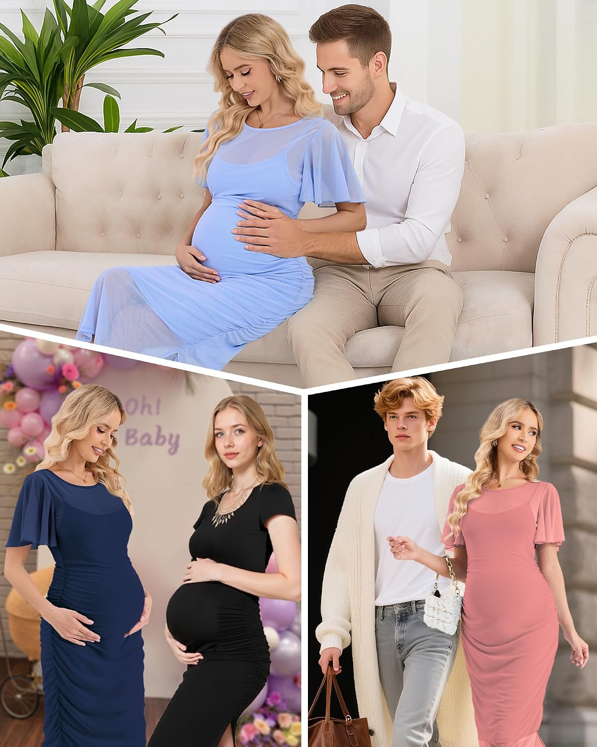 Maternity Mesh Overlay Dress Wedding Guest Baby Shower Side Ruched Design Short Sleeve Crew Neck Mid-Length