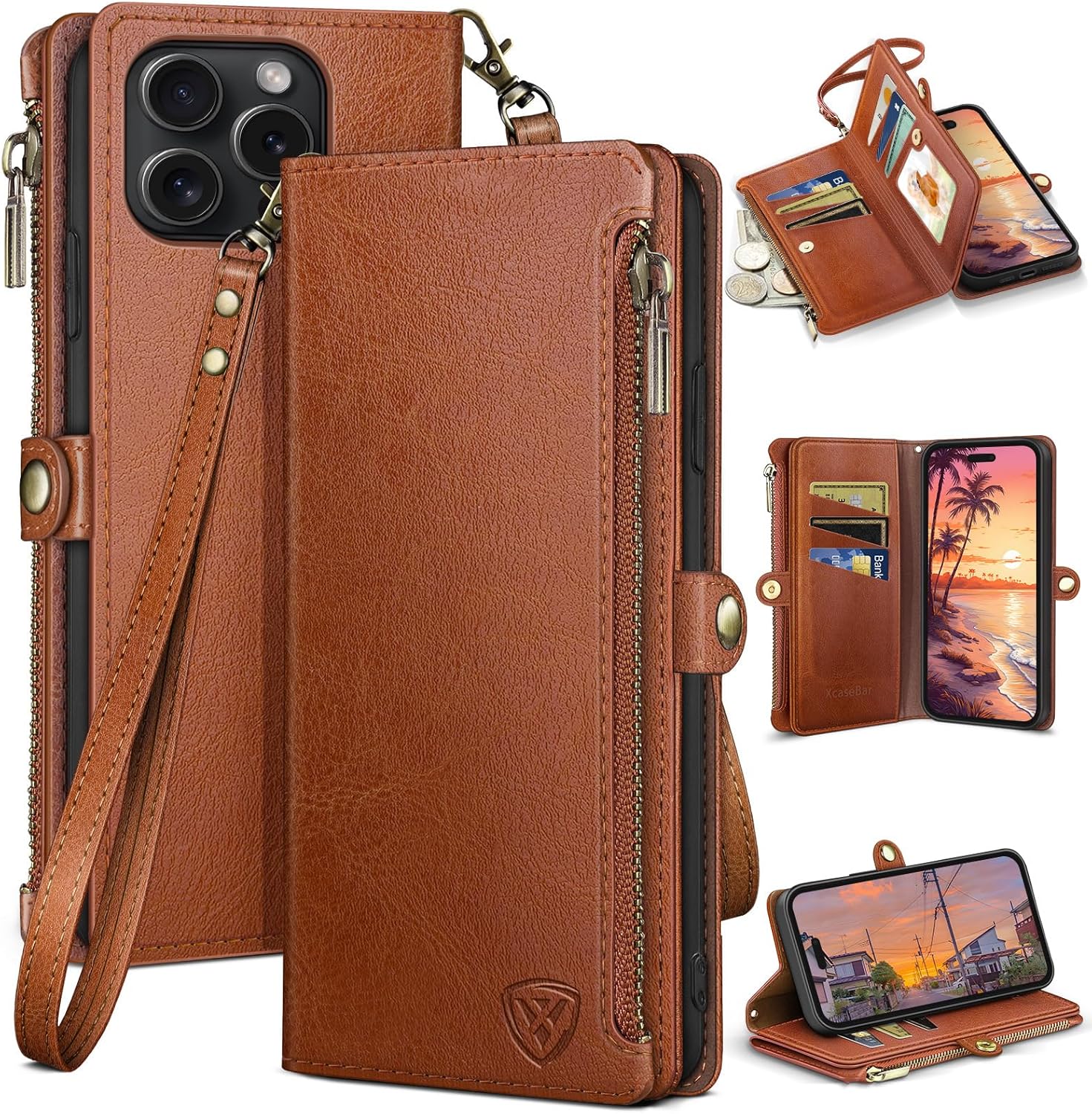 XcaseBar compatible with iPhone 16 Pro Max 6.9" Wallet case with Zipper Credit Card Holder【RFID Blocking】,Flip Folio Book PU Phone case Shockproof Cover Men Women for Apple 16 Pro Max case Light Brown