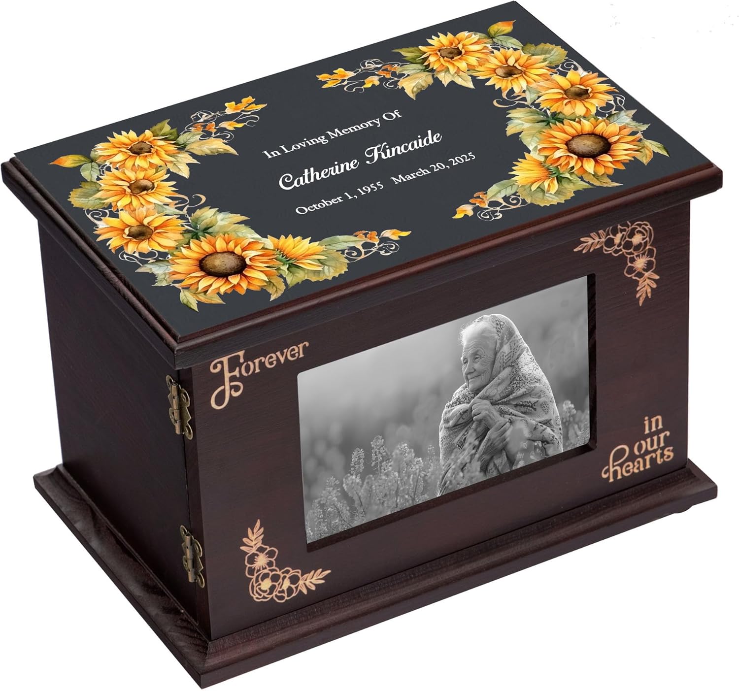 Urns for Human Ashes Adult Male Female Custom Personalized Wooden Urns Cremation Urn Memorial Box for Men Women Large Burial Funeral Urns with Photo Frame (Sunflower)