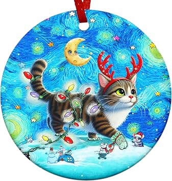 Cat Christmas Ornament 2026 Starry Night Whimsical Art Gift