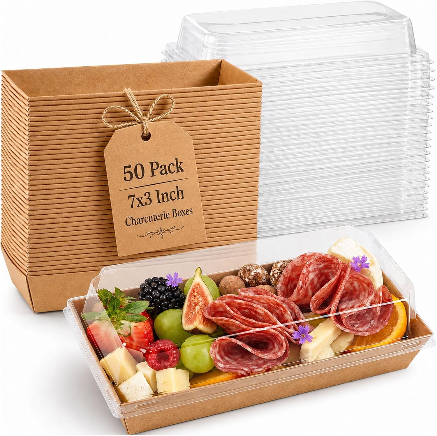 50 Pack 7.5x3.3in Small Charcuterie Boxes with Clear Lids, Mini Treat Box | Disposable Grease-Proof Paper Containers, Dessert Packaging For Cookies, Cake Slice, Chocolate Strawberry, Donut, Pastry