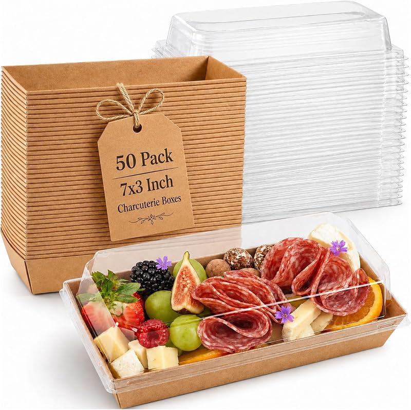 50 Pack 7.5x3.3in Small Charcuterie Boxes with Clear Lids, Mini Treat Box | Disposable Grease-Proof Paper Containers, Dessert Packaging For Cookies, Cake Slice, Chocolate Strawberry, Donut, Pastry