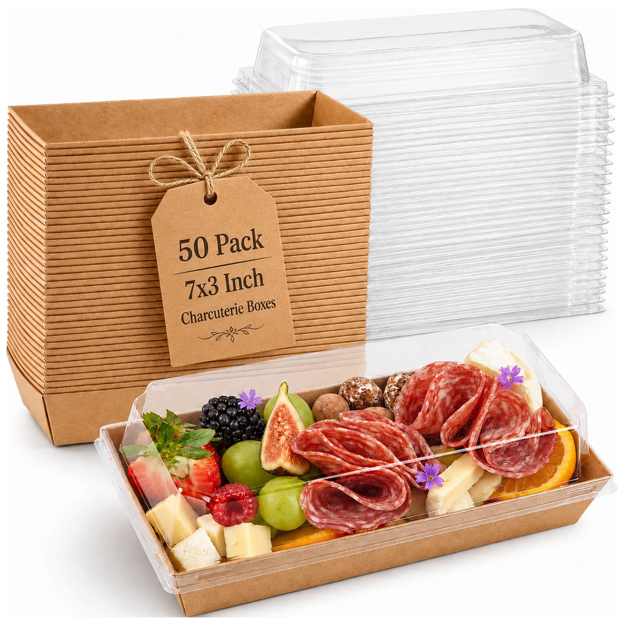 Paquete de 50 cajas pequeñas de charcutería de 7.5 x 3.3 pulgadas con tapas transparentes, mini caja de papel para llevar, accesorios de tablas de charcutería, cajas de postre, galletas, rebanadas de