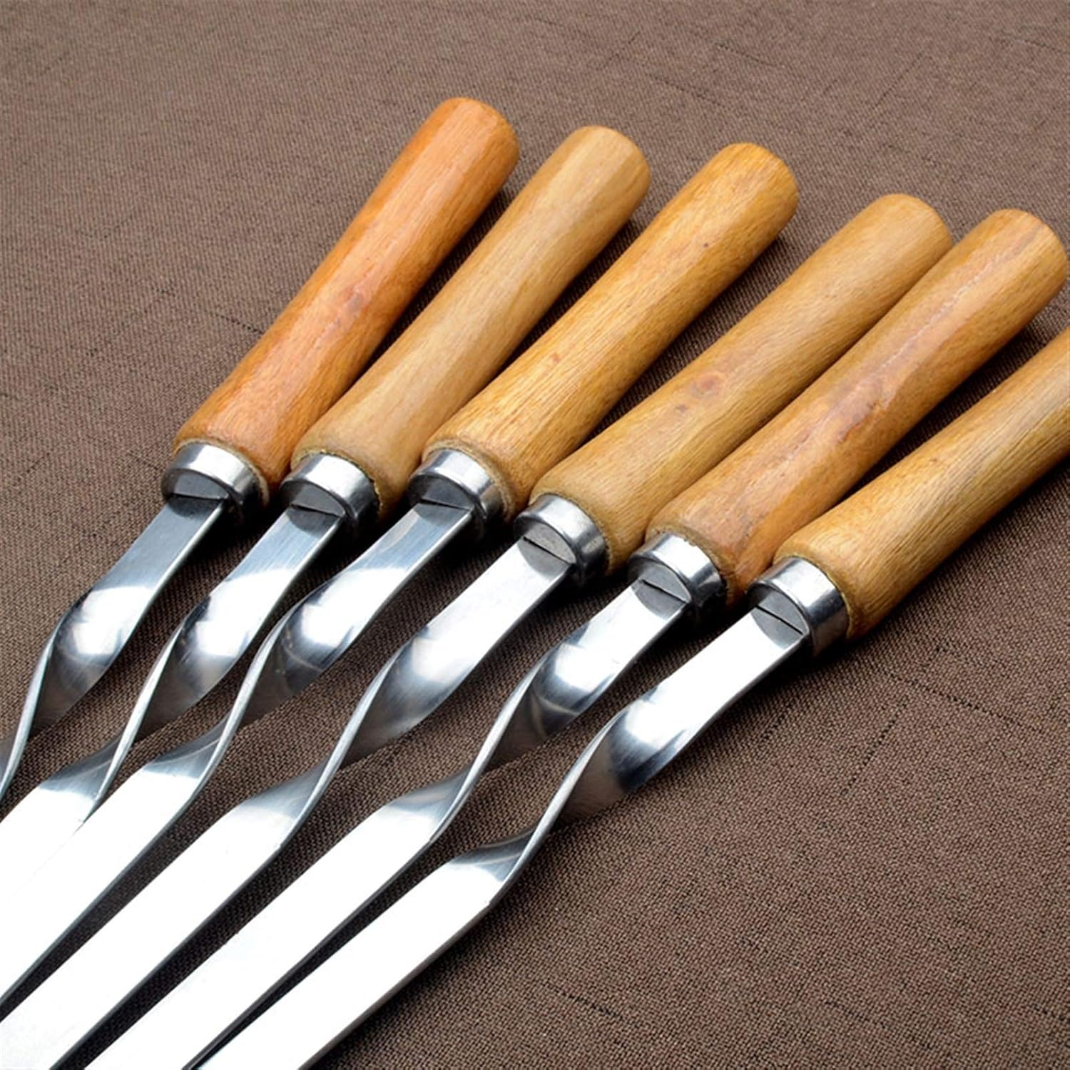Skewers 55cm 21.5" Stainless Steel BBQ Skewers Shish Kebab Barbecue Grill Stick Wood Handle Fork Needle Long Flat Meat Set Camping Tool (Color : 6pcs)
