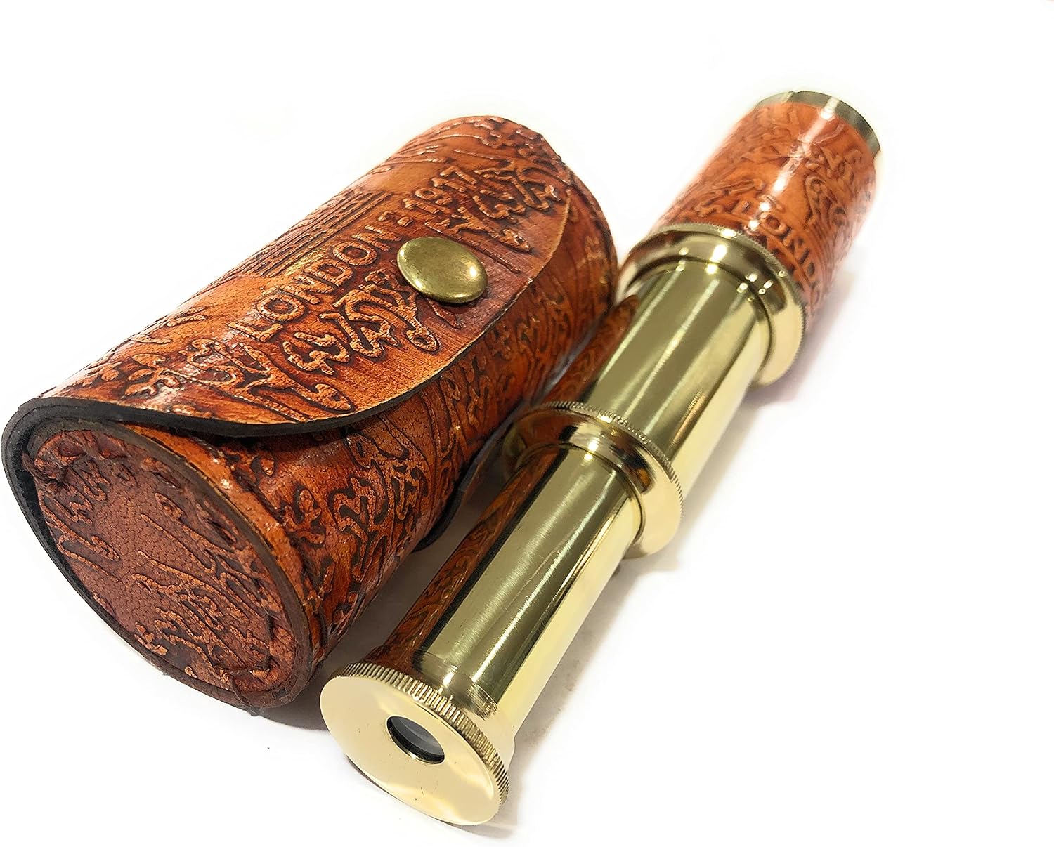 Handheld Pirate Brass Telescope with Leather Case,Sailor Home Decor Toy Gift (6''