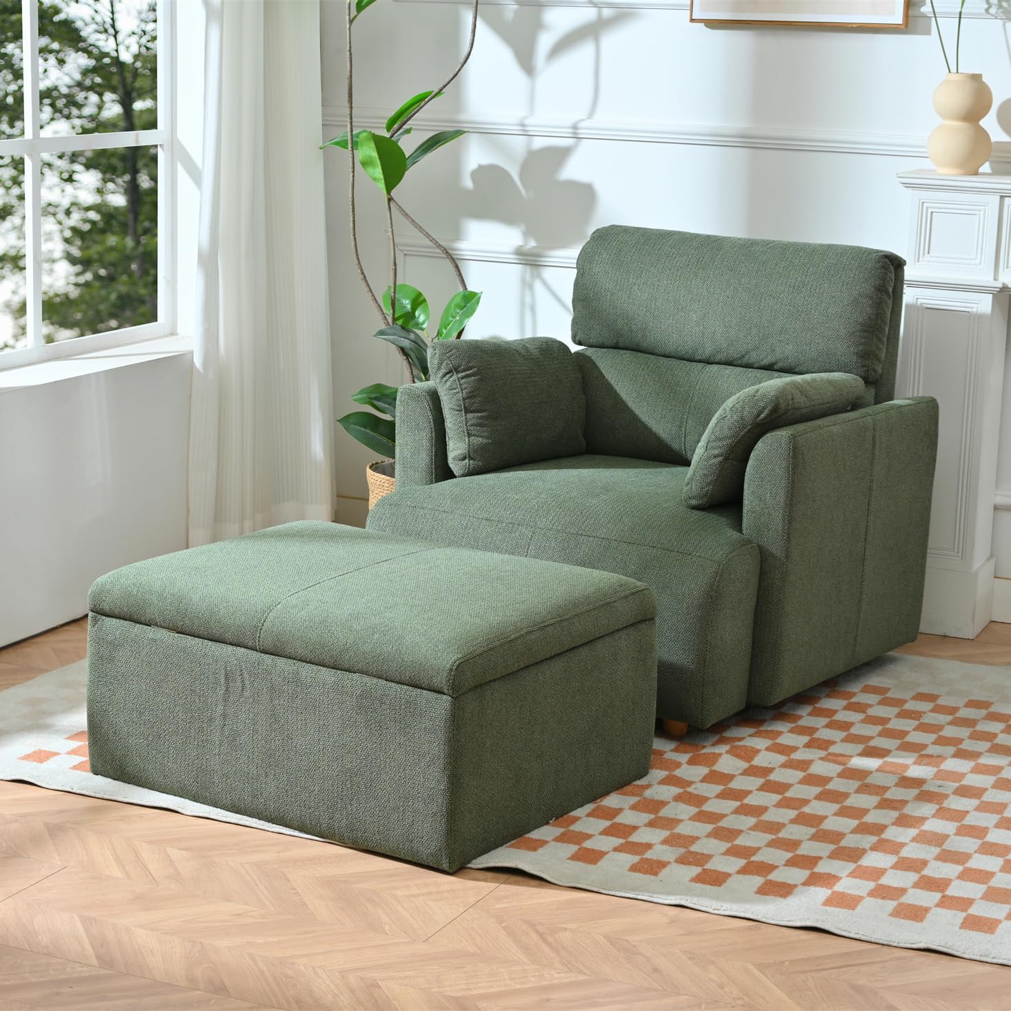 KEIKI Snowflake Velvet Oversized Accent Single Sofa Chair with Storage Ottoman and High-Resilience Foam Cushions, Modern Upholstered Lounge Chair, Easy Assembly, for Living Room and Bedroom, Green