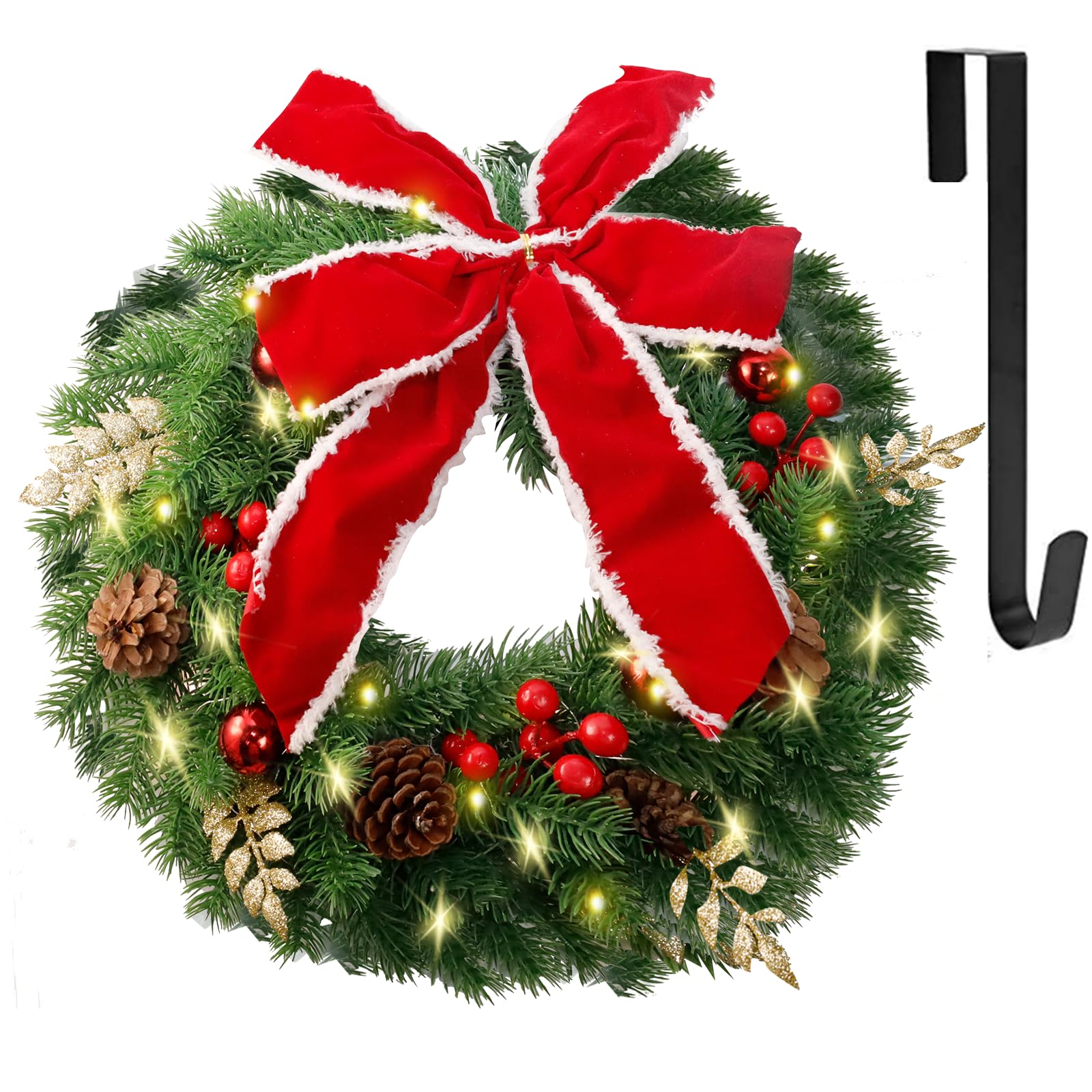 Photo 1 of Christmas Wreath with Metal Hanger, Pre-Lit Artificial Christmas Front Door Wreath Battery Operated with LED Lights