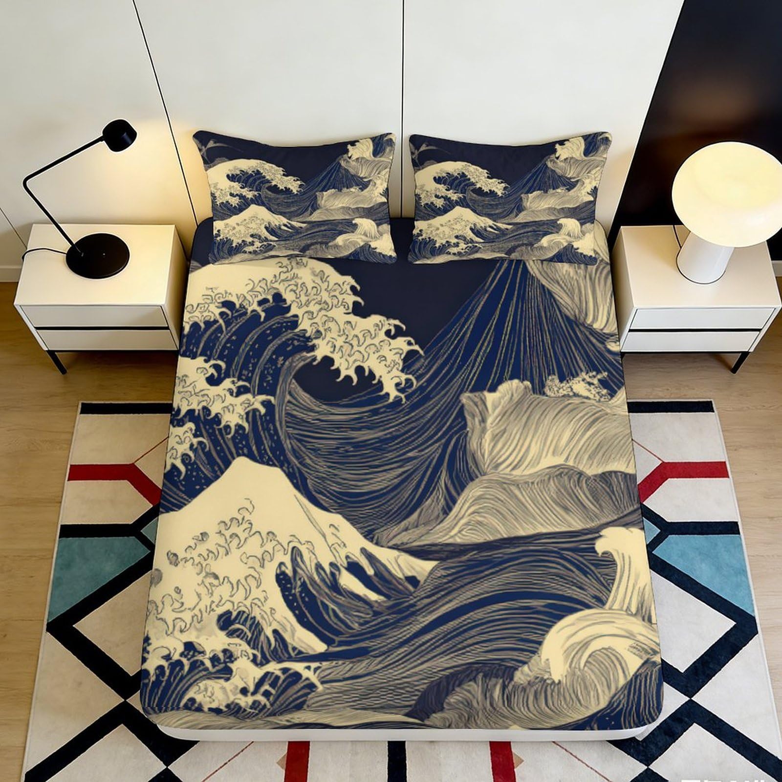 Pnayamiorkfel Style-3 3D Printed Japanese Wave Fitted Sheet Microfiber Navy Art Mountain Mattress Cover For Bedroom Guest Room Decor 90X200x25cm
