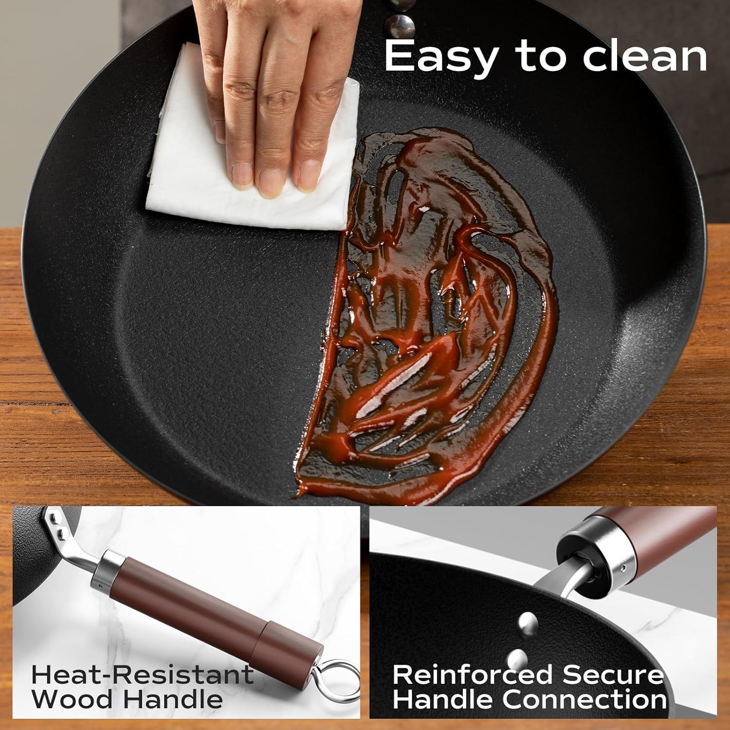 Carbon Steel Frying Pan, Pre-Seasoned 11-Inch Cooking Skillet Wooden Handle, PFAS & PFOA-Free, Nitrided Black Fry Pan for Kitchen, Camping, Chef Use - Image 7