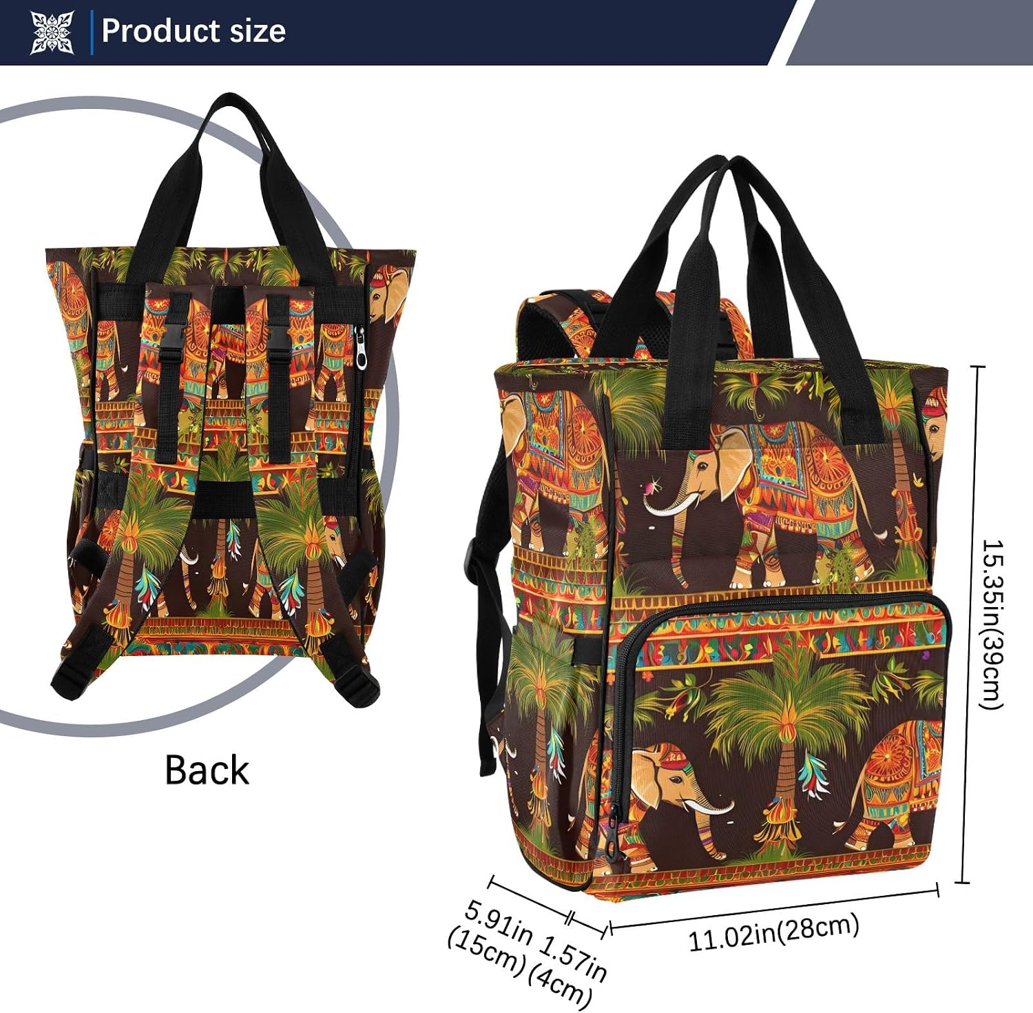 Convertible Diaper Bag Backpack, Colorful Elephant Palm Tree Print, Water Repellent Polyester, 11x6x15 Inches, Multiple Pockets with Insulated Bottle Holders