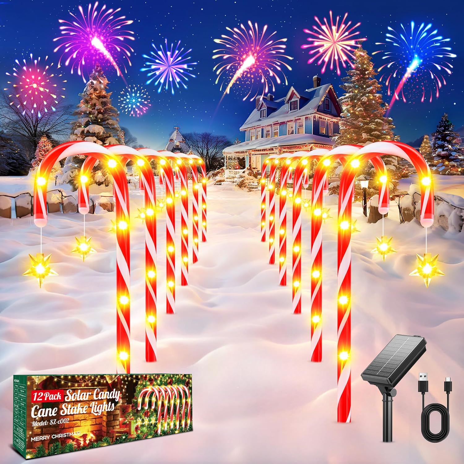 GEARLITE Candy Cane Christmas Decorations 12 Pack, 2 Charging Modes Outdoor Christmas Decorations Lights with 10 Lighting Modes,IP65 Waterproof Solar Lights Outdoor Garden for Patio Garden Pathway