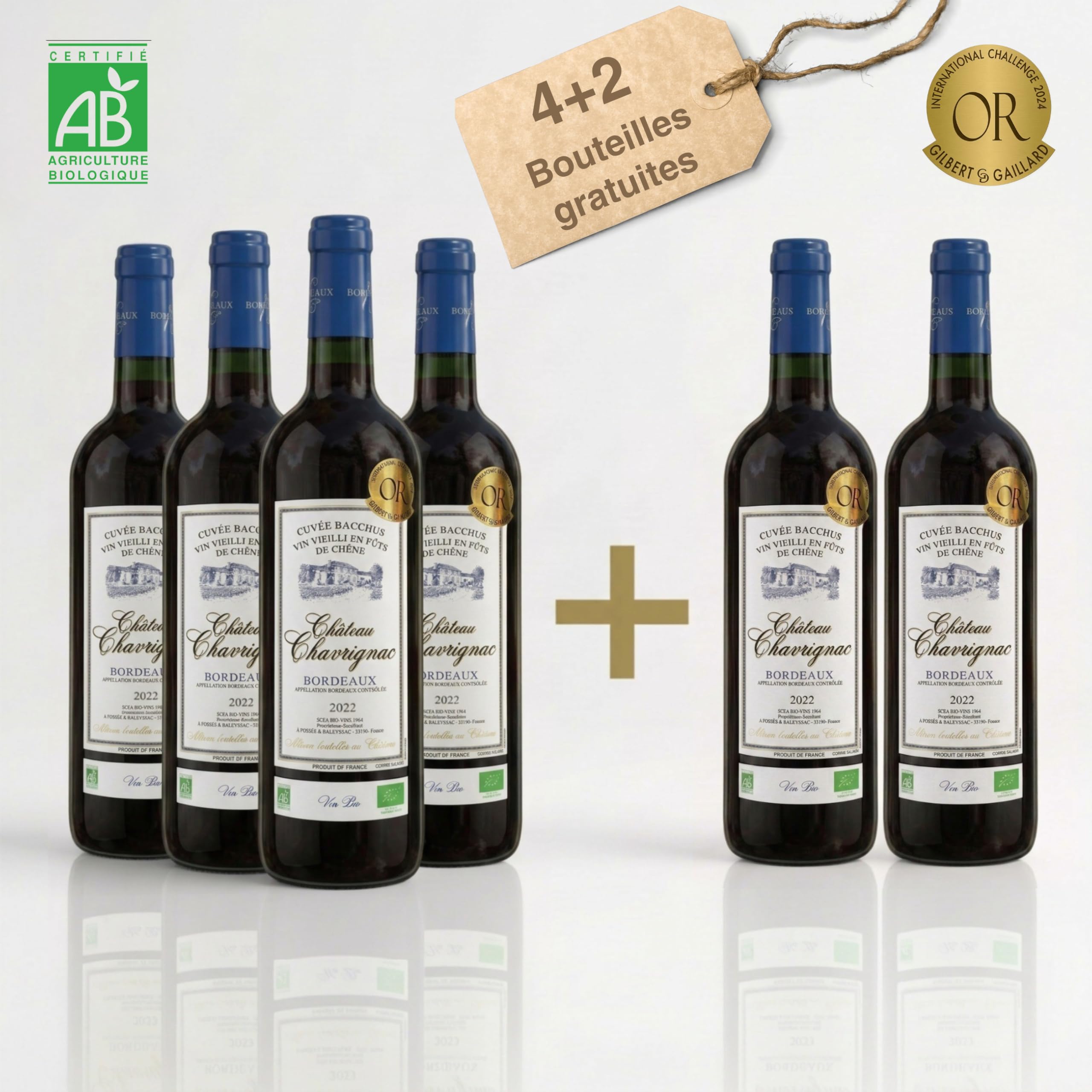 Château Chavrignac - Grand Vin de Bordeaux Rouge AOC Bio - Médaillé Or - Cuvée Bacchus 2022- Cultivé en Biodynamie - Cabernet Sauvignon - Bouteille de 75cl (6)