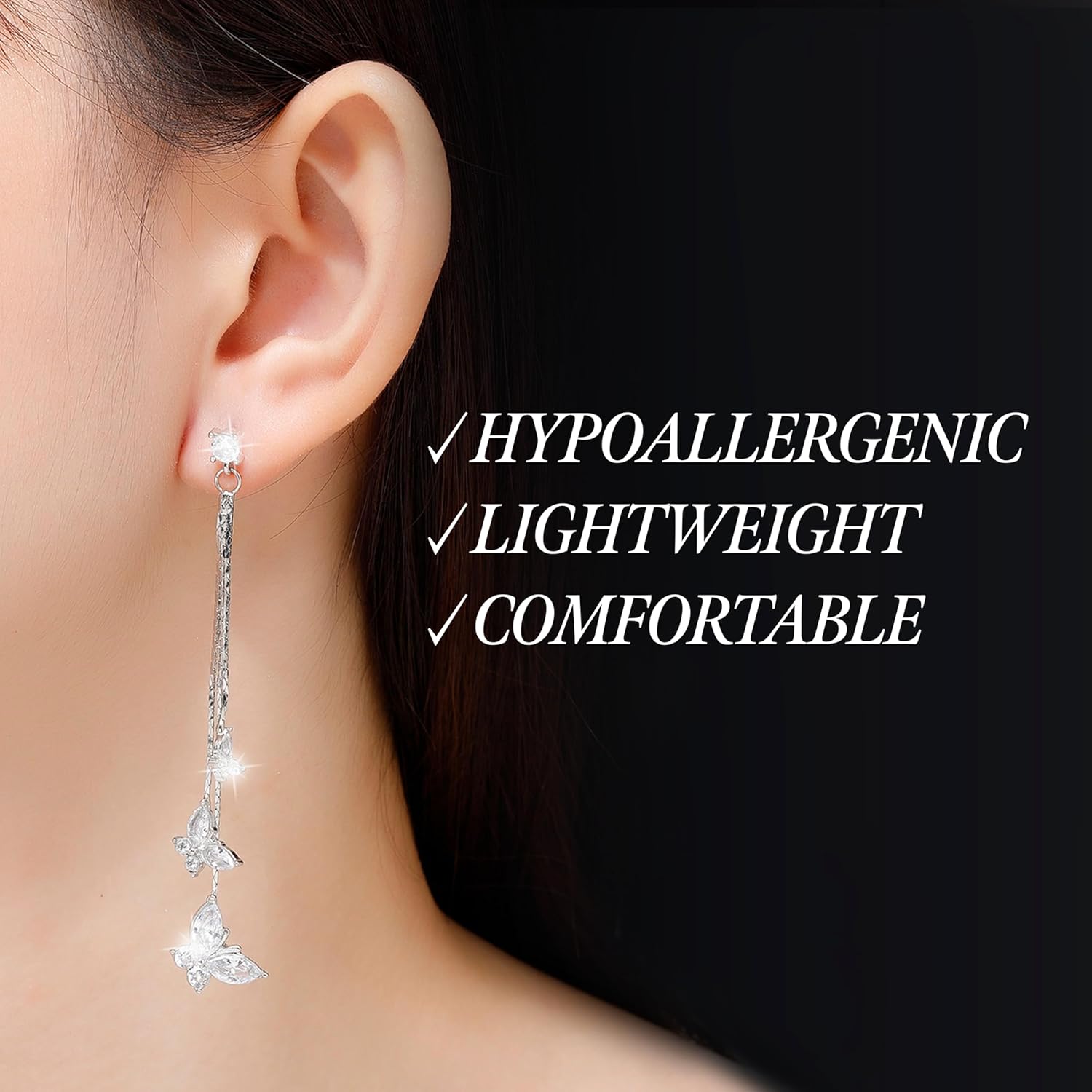 Kruckel Butterfly Dangle Earrings with Crystals (925 Sterling Silver) Includes Present Box – Hypoallergenic, Lightweight, Safe for Sensitive Skin - Image 7