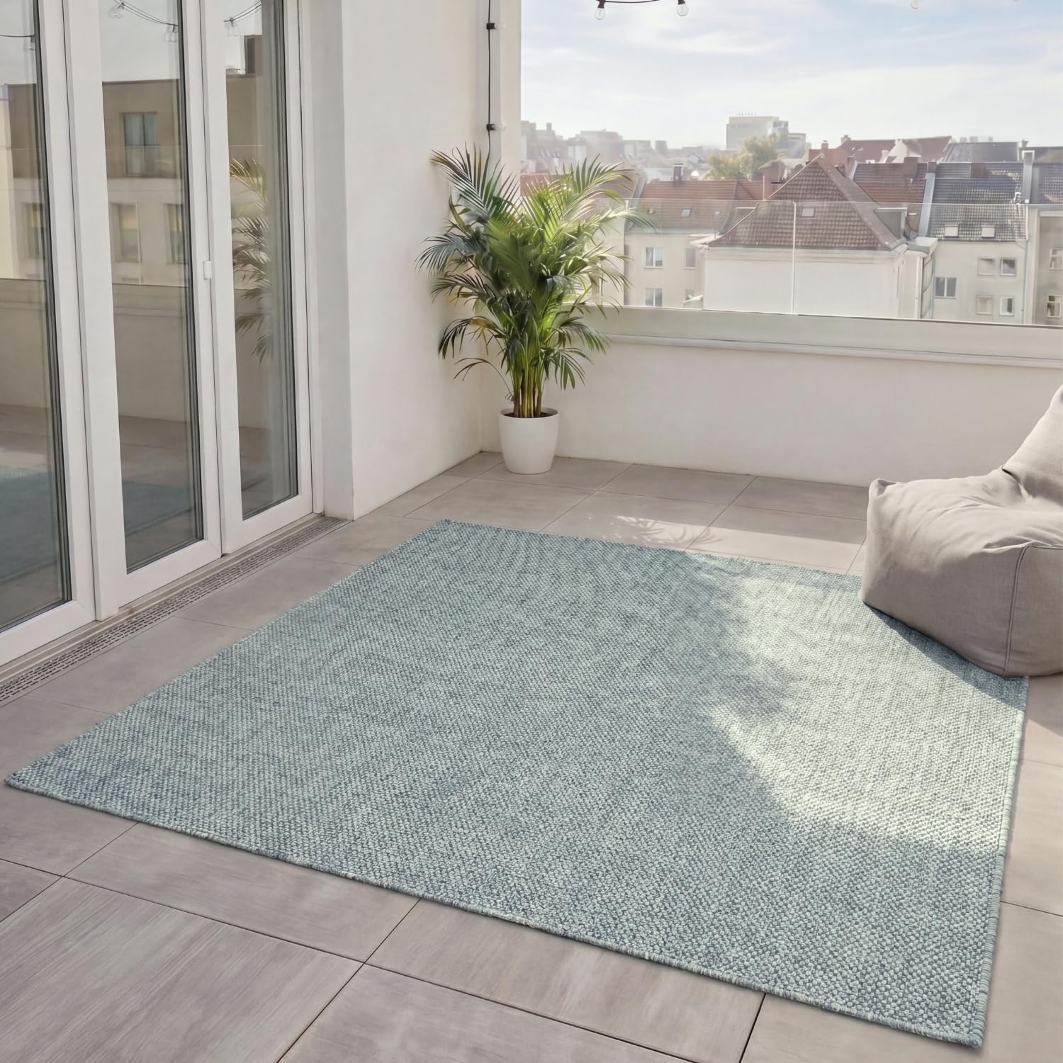 Tapis Extérieur Iowa Résistant UV et Robuste - Grand Tapis Bleu 300x300 look Jute