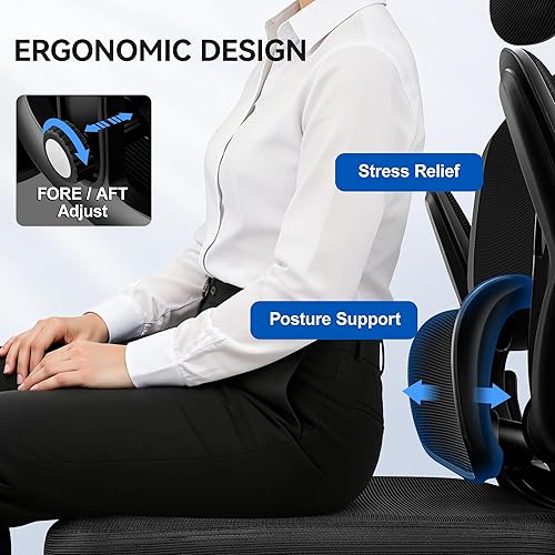 Miniatura 4 de Silla de oficina ergonómica, silla de escritorio de malla con reposacabezas ajustable y soporte lumbar, brazos abatibles, cojín grueso, silla de