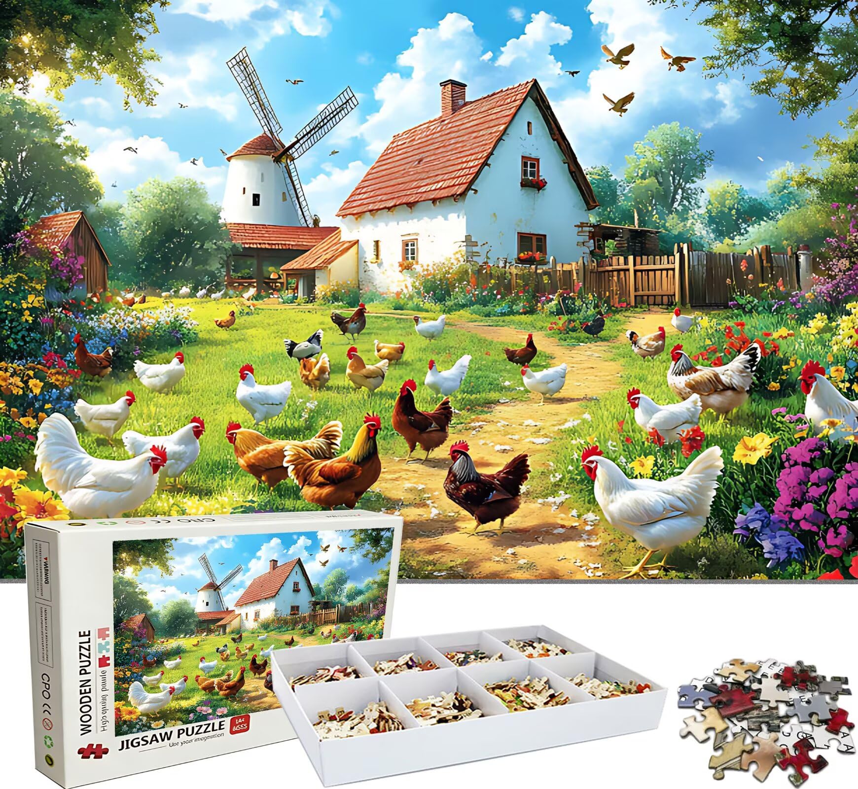 Puzzle 6000 elementów dla dorosłych, farma kurczaka-3 trudne i kolorowe drewniane puzzle, duża łamigłówka 179,5 x 105,5 cm, antystresowa gra z plakatem, dekoracja ścienna domu, prezent dla kobiet w0