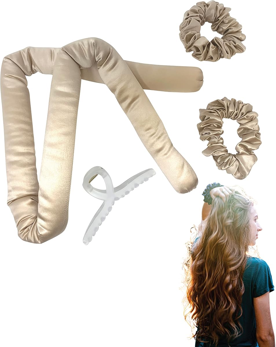 Silk & Cotton Hair Curler | Heatless Curl Kit | No Heat Curls | Includes Silk Ribbon Headband with Scrunchies and Hair Clip for Perfect Curls (Misty Gold)