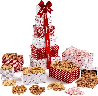 Gift Basket Tower with Fresh Nuts & Snacks, Gourmet Cravings Indulgence - 6 Tier Food Basket Gift Set, Great Gift Present for Men & Women.