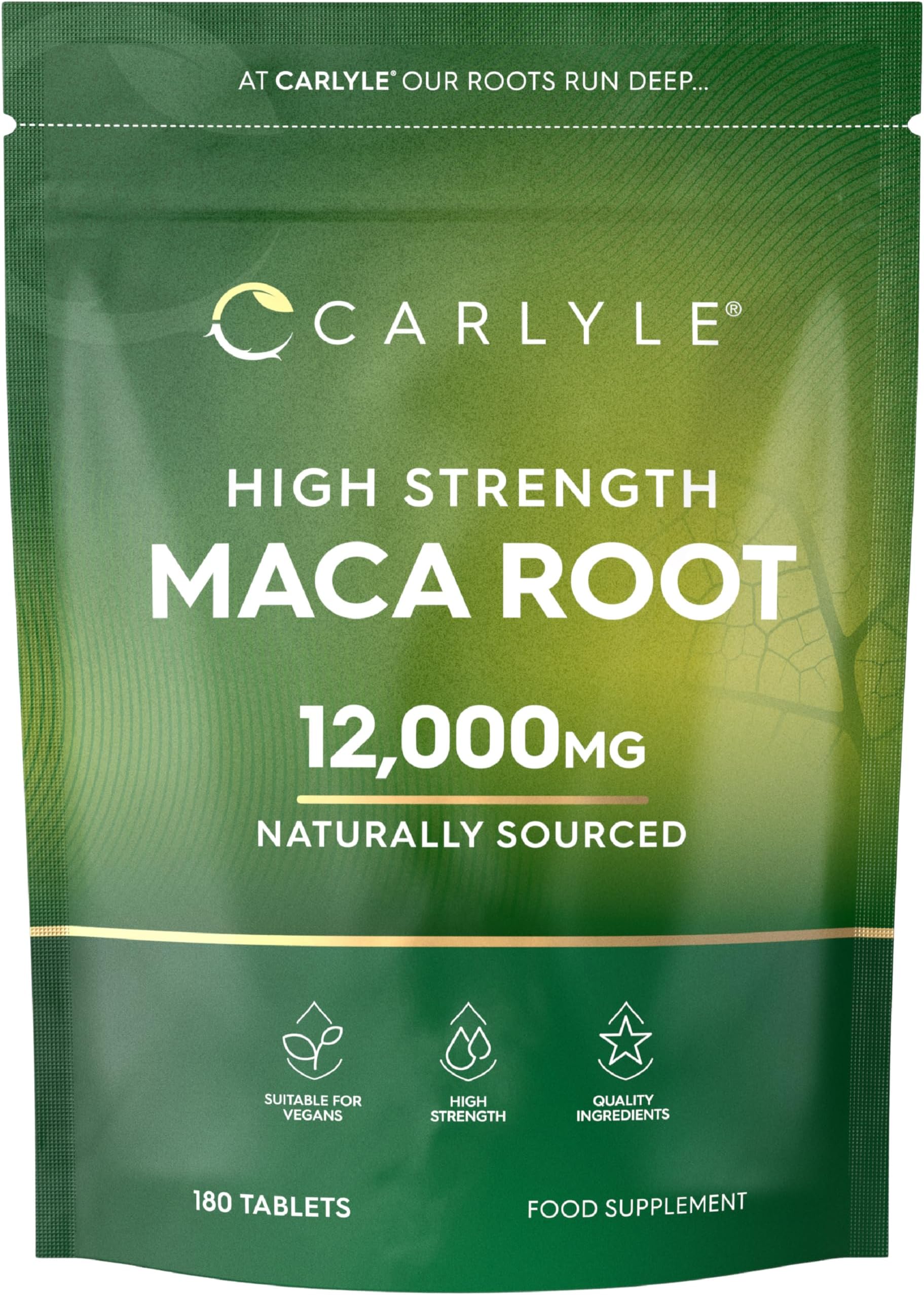 Maca Root Tablets 12,000mg | Naturally Sourced & High Strength Maca Root Extract | 180 Vegan Tablets | Supplement for Men & Women | by Carlyle