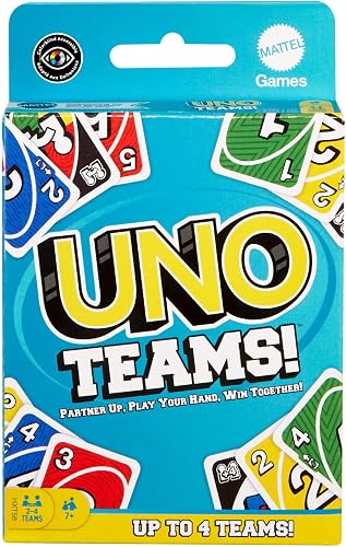 Mattel Games UNO Teams Card Game for Family Nights, Game Nights, Travel, Camping & Parties for Players 7 And Up In Up To Four Teams, With Cards Any Colorblind Player Can Use, HXT58